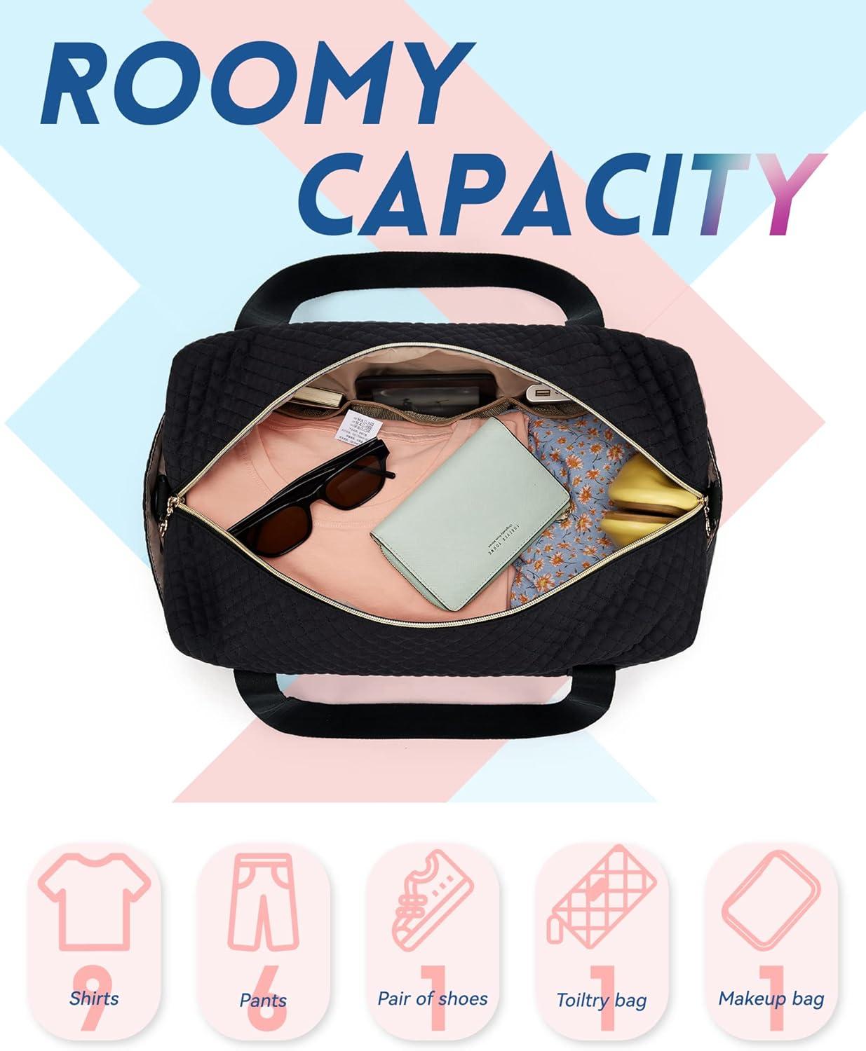 Travel Duffle Bag, BAGSMART 3 Pcs Set Weekender Overnight Bag for Women with Makeup Bag & Clear Toiletry Bag, Carry On Bag with Shoe Compartment for Travel, Business Trips(Black)