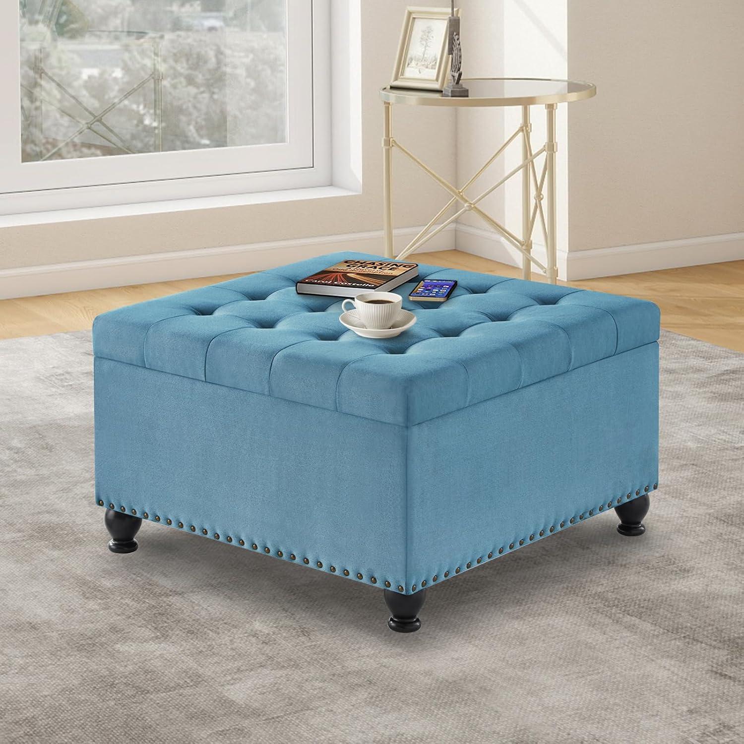 Light Blue Linen Upholstered Square Storage Ottoman with Nail Trim