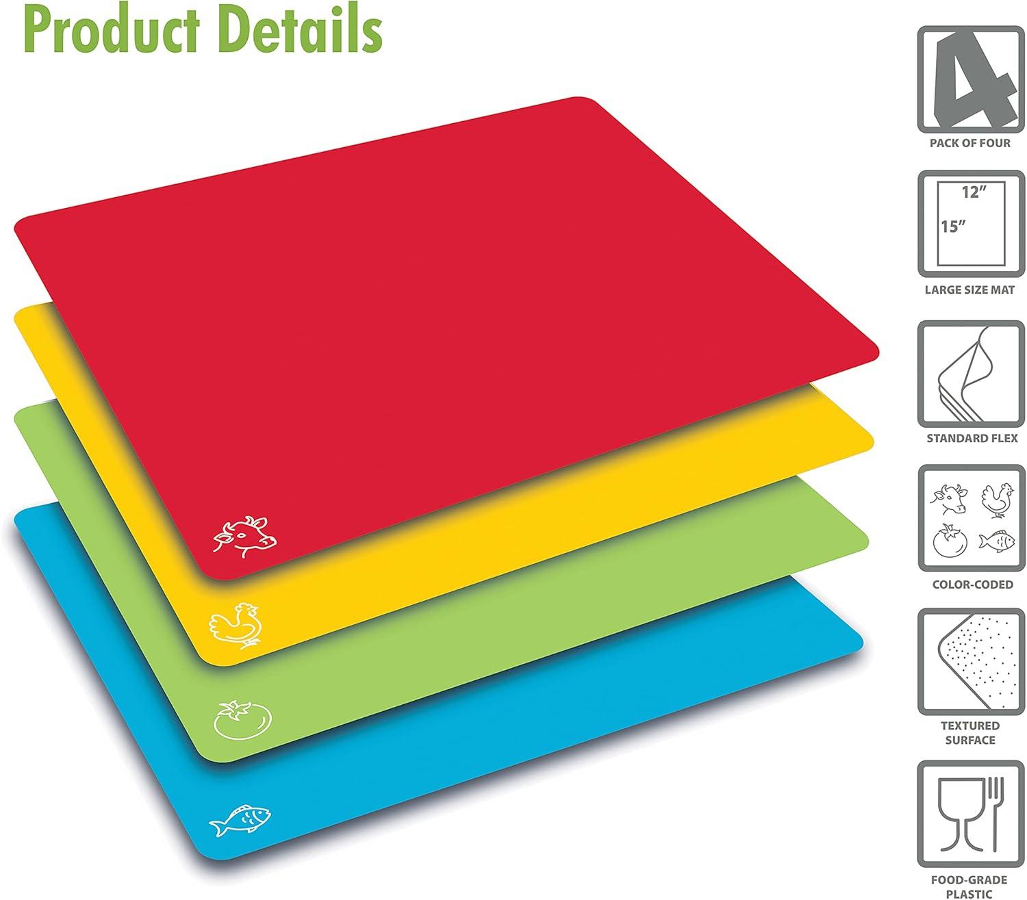 extra thick flexible plastic cutting board mats, set of 4, color coded with food icons, waffle back grip underside by better kitchen products