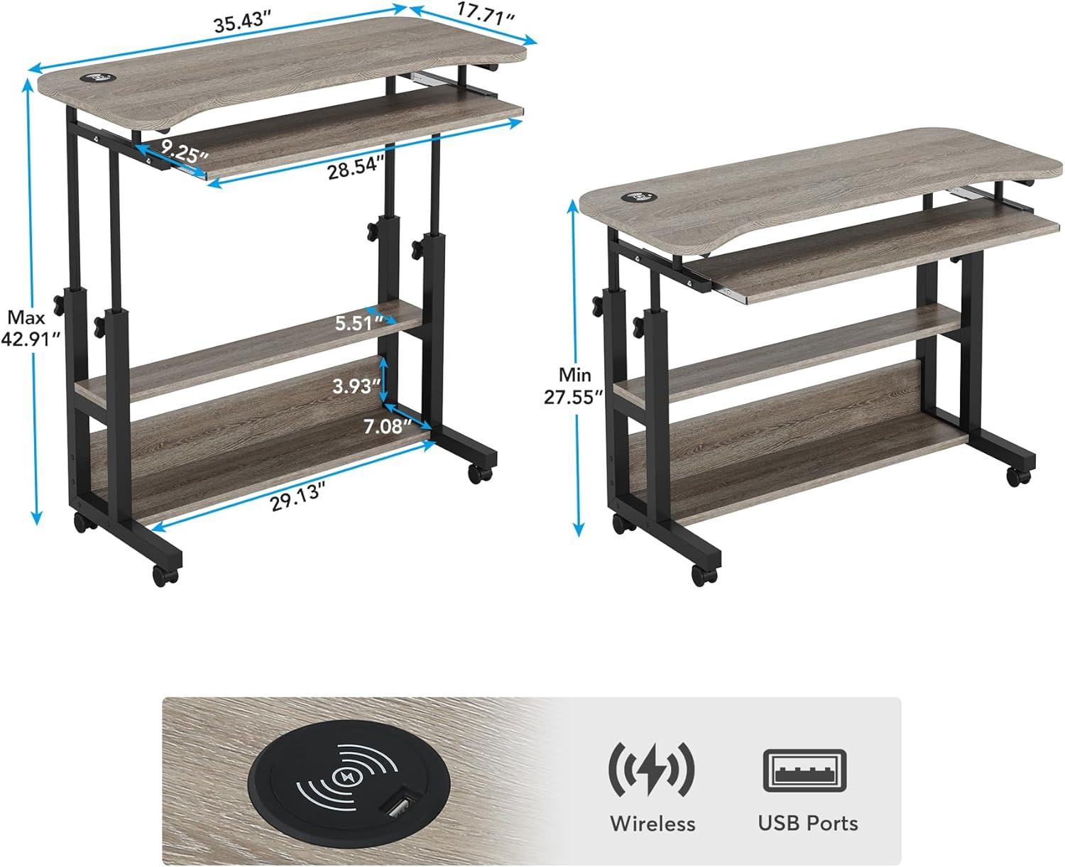 Gray Adjustable Height Laptop Cart with USB Port and Drawer