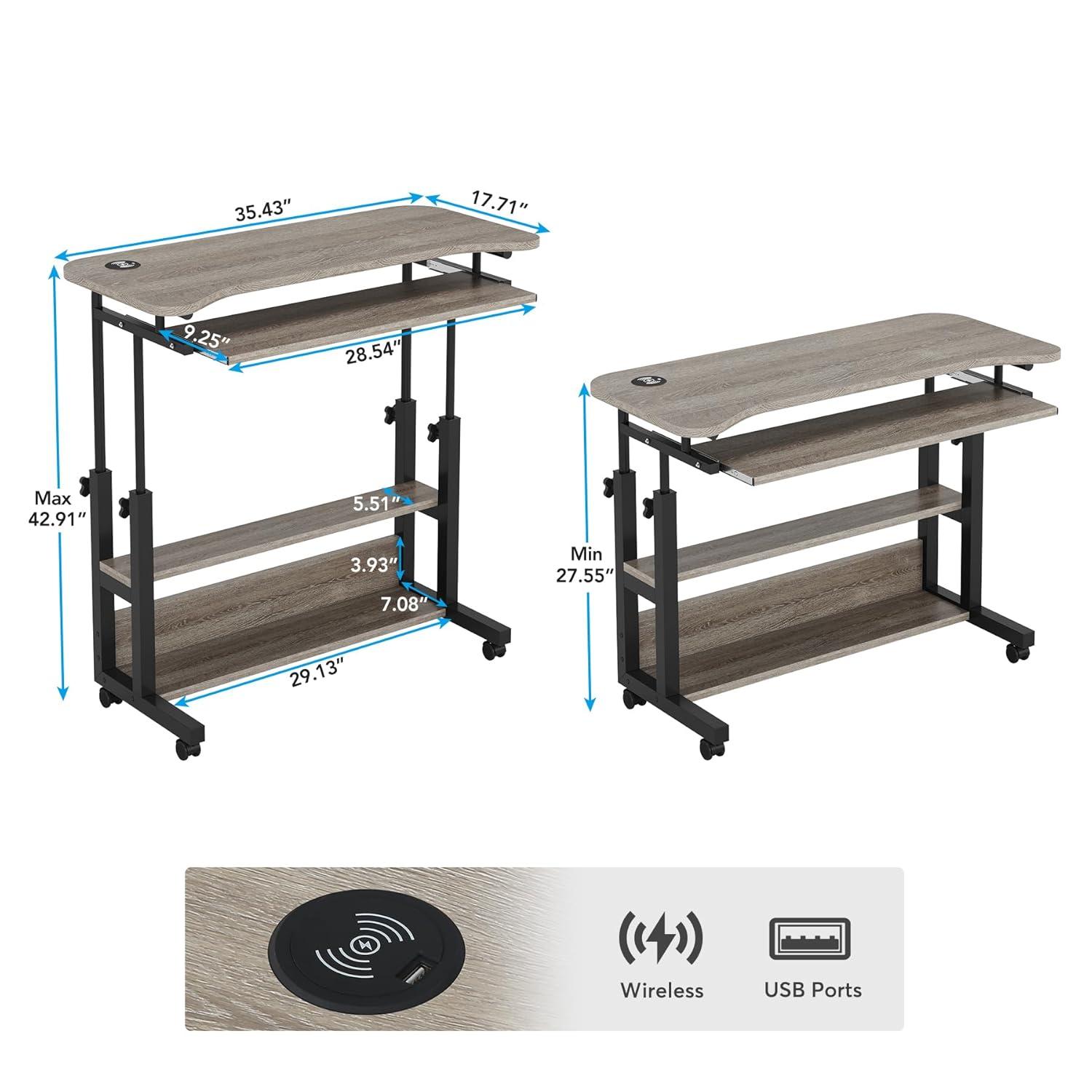 Gray Adjustable Height Laptop Cart with USB Port and Drawer