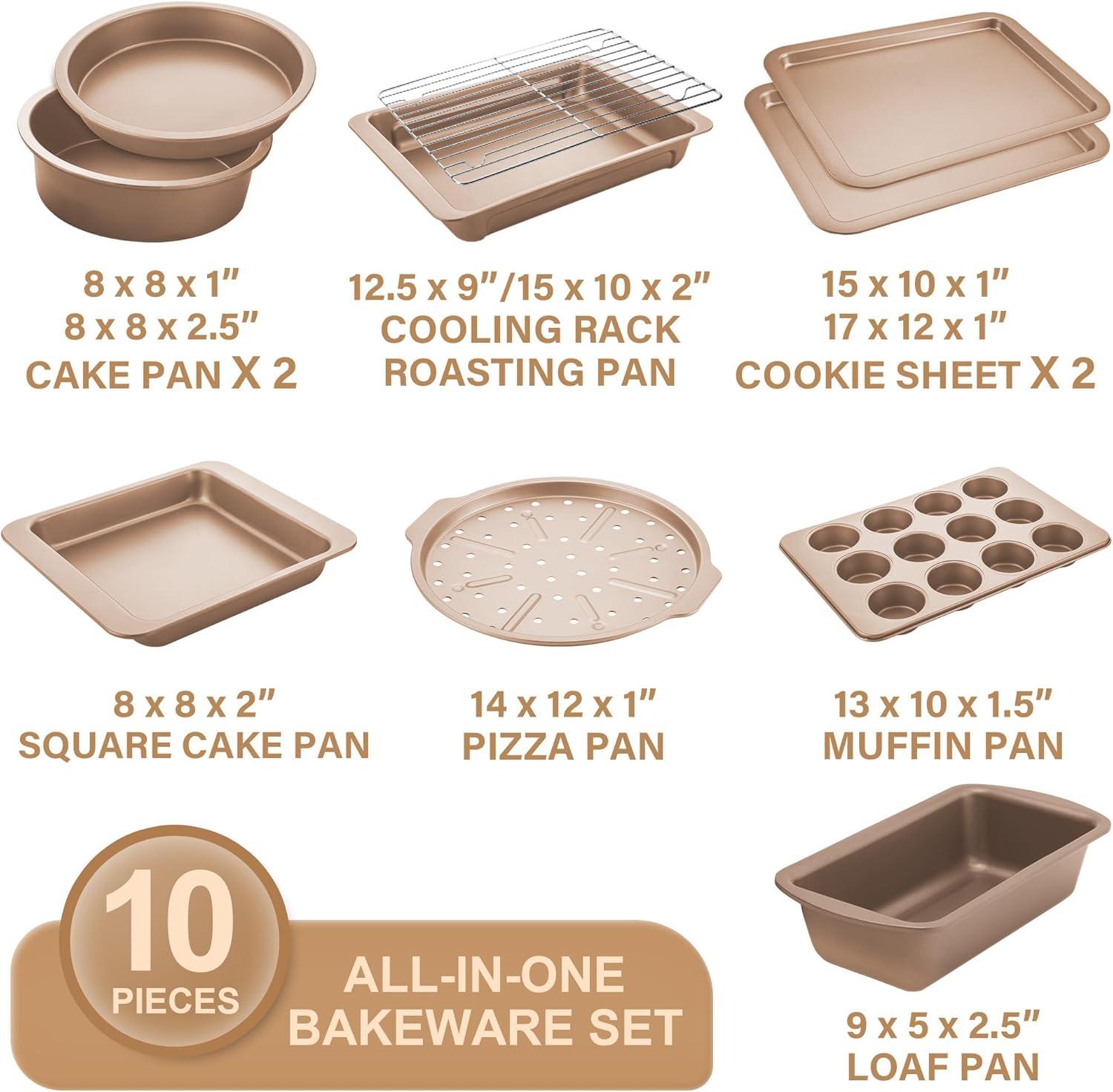 Champagne Gold Nonstick 10-Piece Bakeware Set with Wider Grips