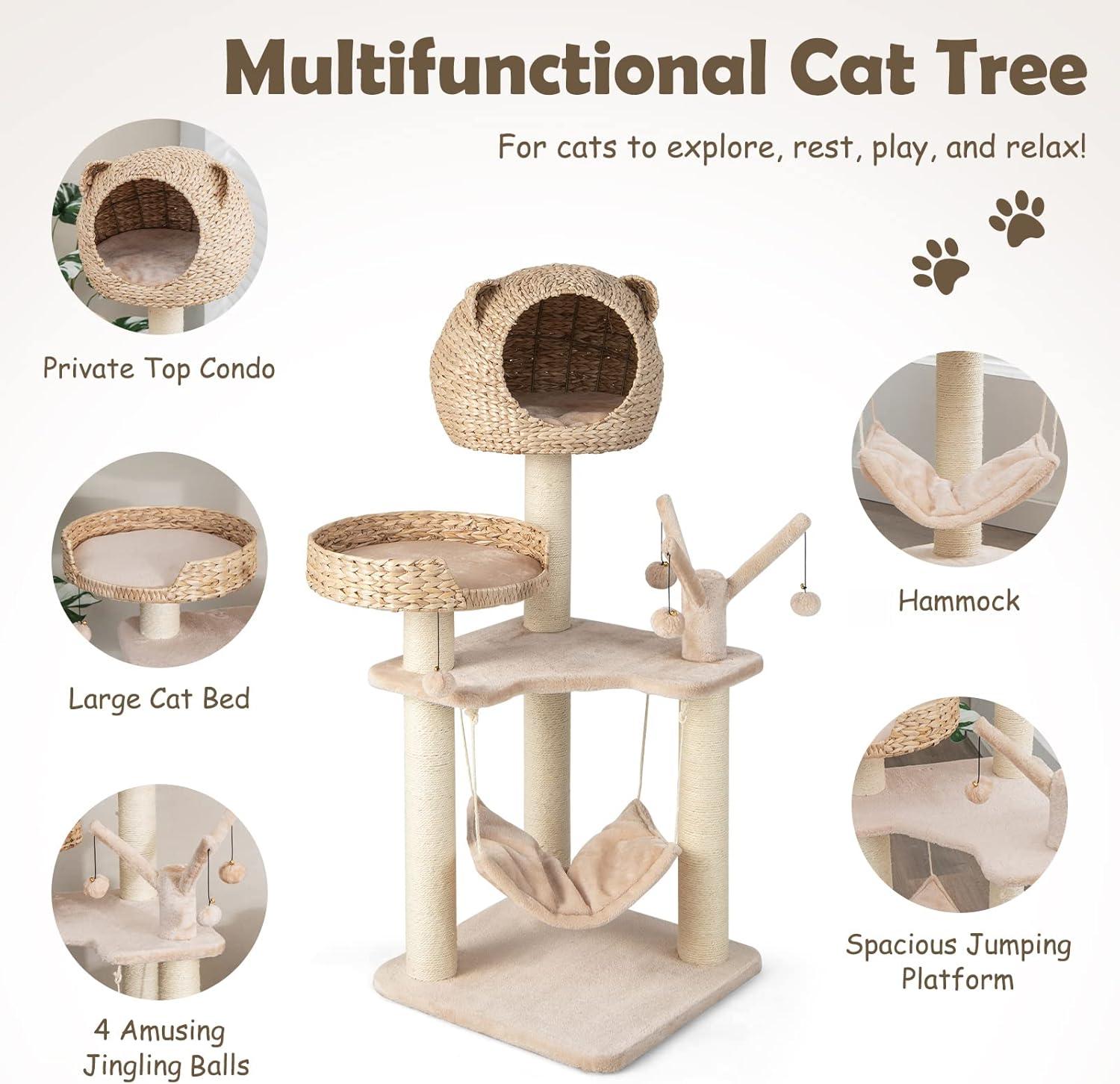 Tangkula 48" Cattail Cat Tower w/ Sisal Scratching Posts Perch Condo Basket Bed Ladder