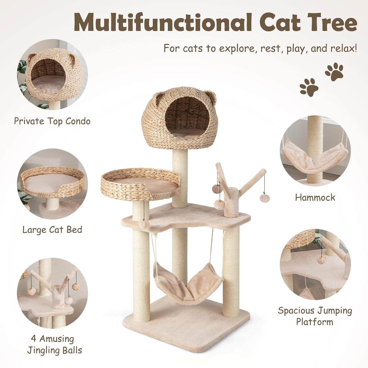 Tangkula 48" Cattail Cat Tower w/ Sisal Scratching Posts Perch Condo Basket Bed Ladder