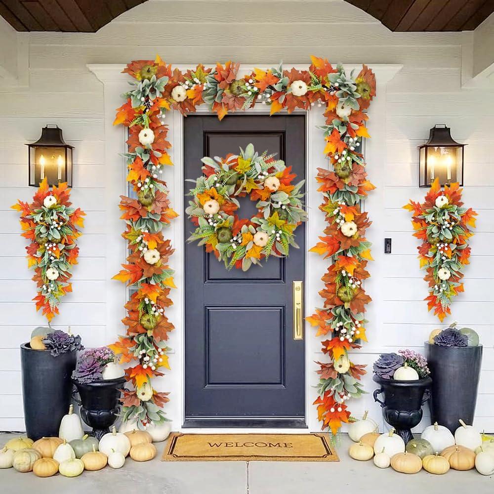 Artificial Fall Wreaths for Front Door Rustic Autumn Wreath with Pumpkin,Rose,Berry Branchesm,Mixed Leaves Thanksgiving Wreath Fall Door Wreath for Halloween Thanksgiving Indoor Outdoor Decor (A15.7)