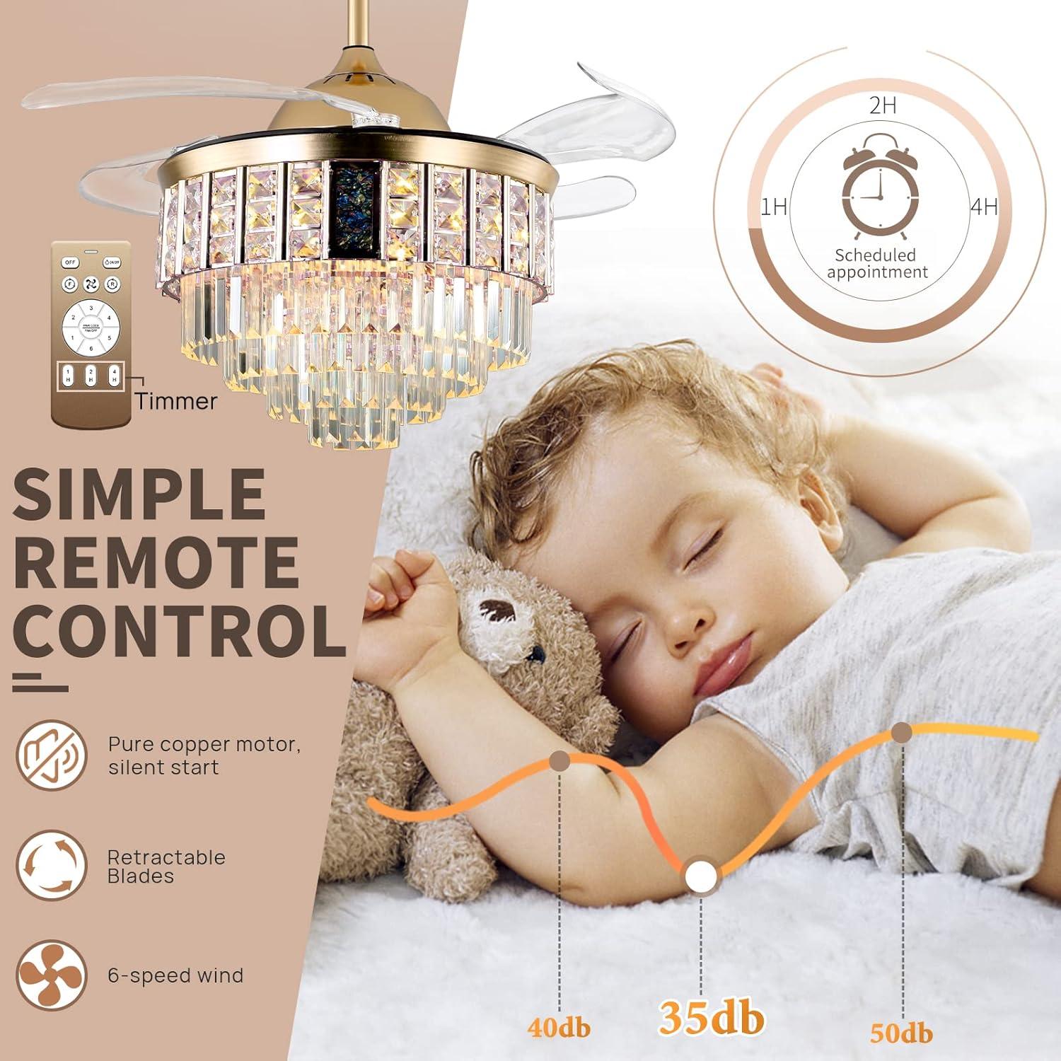 42 in. Integrated LED Indoor Gold Luxury Automatic Retractable Crystal Ceiling Fan with Remote