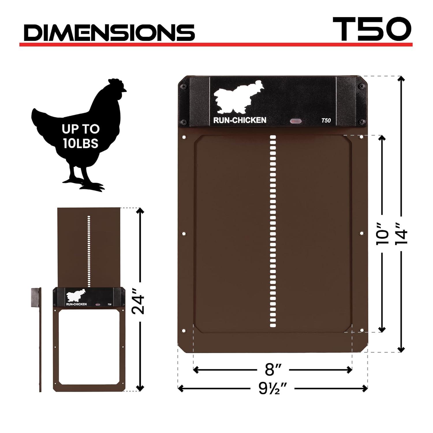 RUN-CHICKEN Door T50 – Automatic Chicken Coop Door Opener, Battery Powered & Weatherproof Aluminum, Smart App & Timer Control, Predator Proof, Easy Install, Reliable All-Season Performance (Brown)