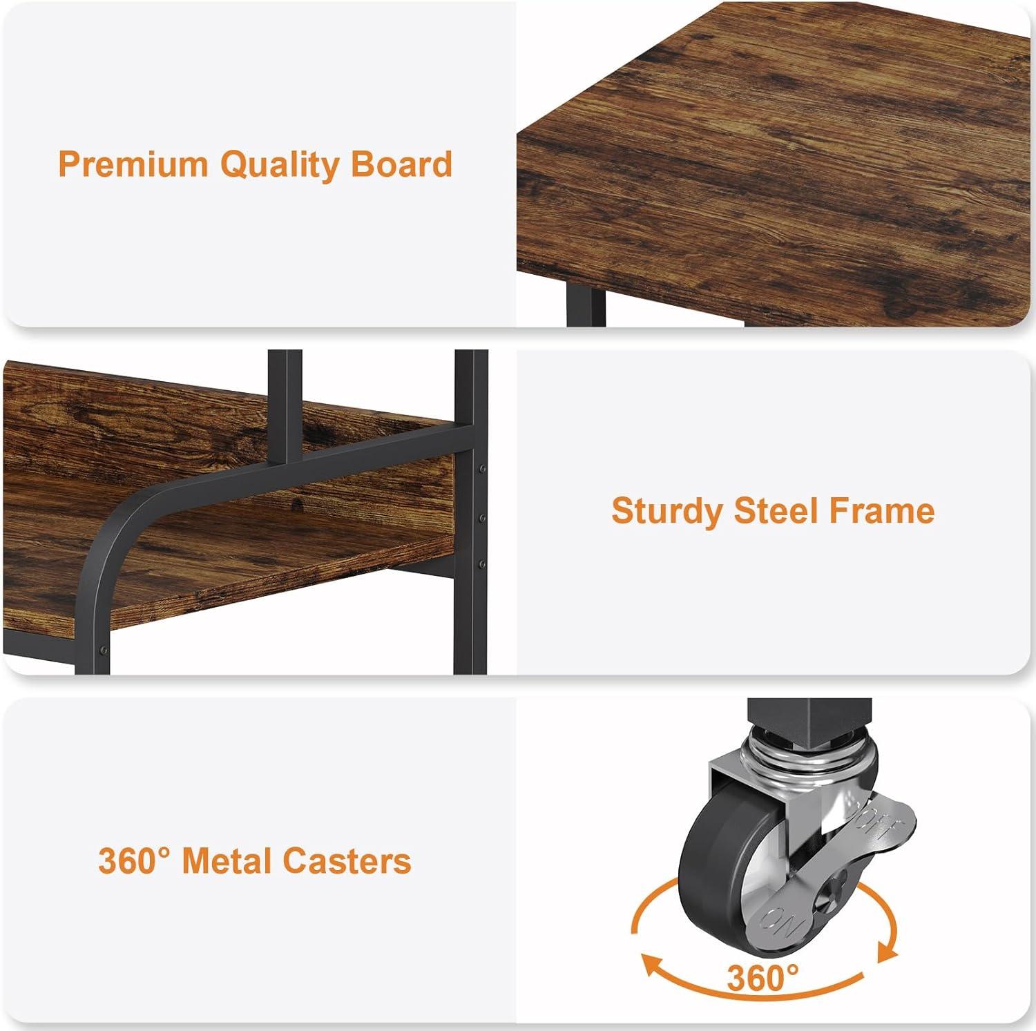 EasyCom 20''x15.7''Large Printer Stand-3 Tier Printer Table with Wheels- Printer Storage Cart- Rolling Printer Cart with Storage Shelf for Printer Scanner Fax Home Office Use- Rustic Brown