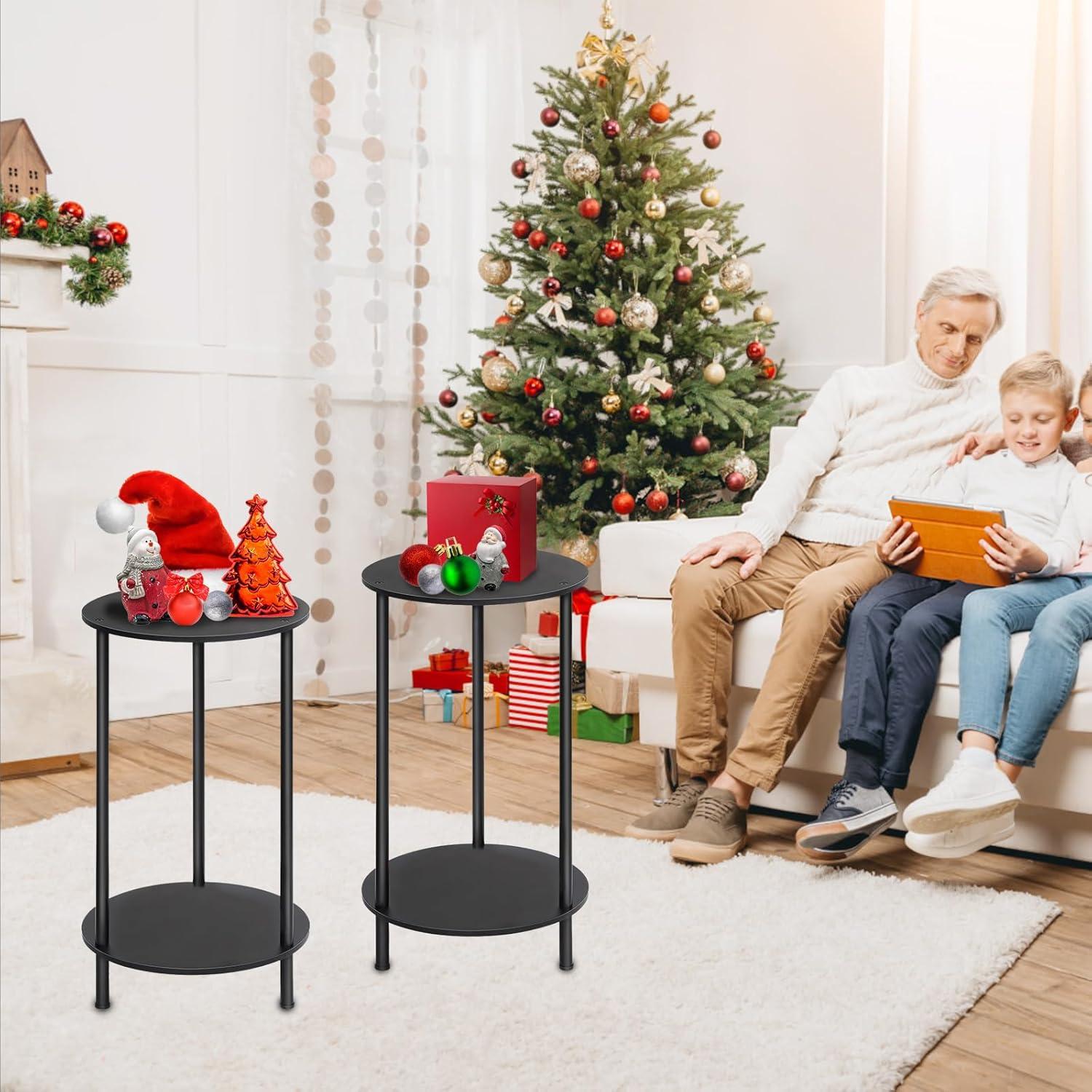 Small Round Side Table, End Tables Living Room Set of 2, Black Night Stands for Bedrooms, Small Side Table for Small Spaces，2 Tiers Modern Side Table with Storage Shelf, Easy to Assemble