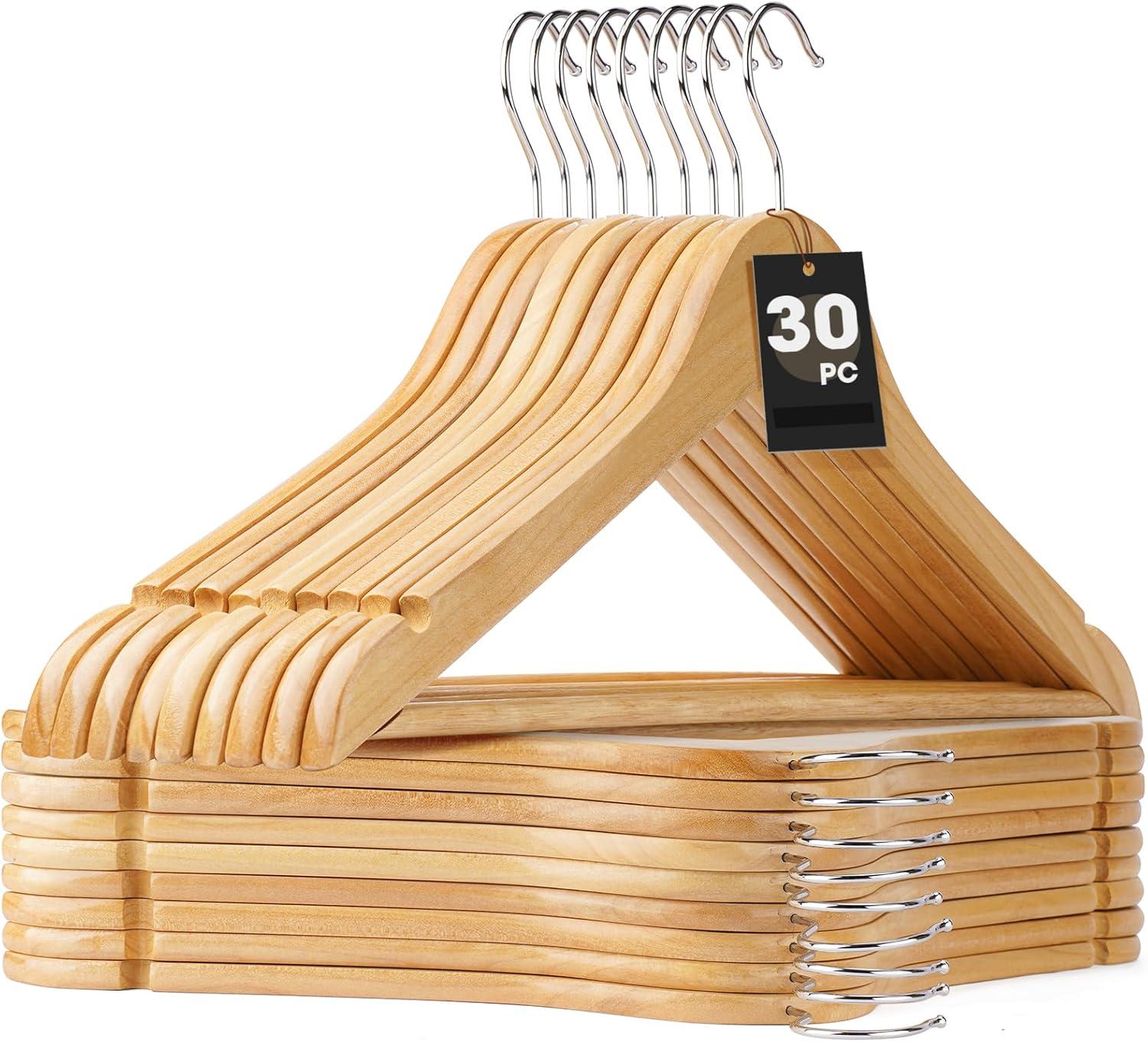 NEWKBO NEWKBO  Polished Wooden Coat Hangers - 30 Pack  Non Slip Pant Bar  Suitable for Shirts  Jackets  Dresses  and Pants - Natural Wood Finish