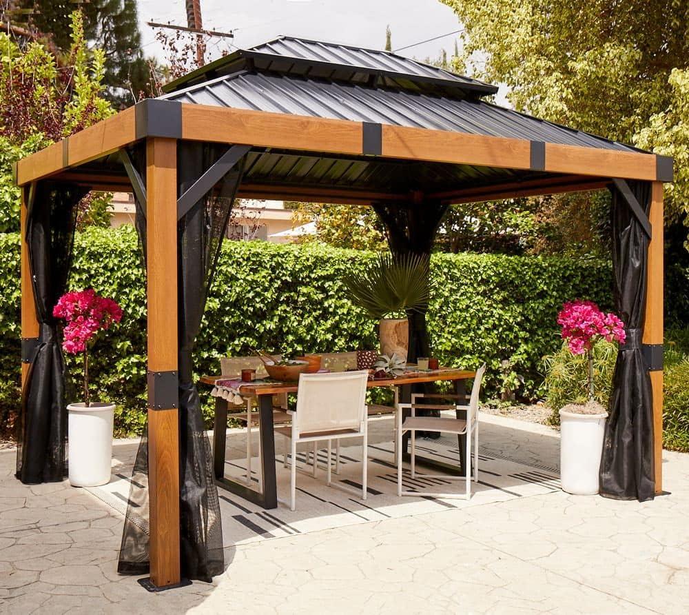 Sojag Outdoor 10' x 12' Fontana Hardtop Double Roof Gazebo Outdoor Sun Shelter, Wood and Black