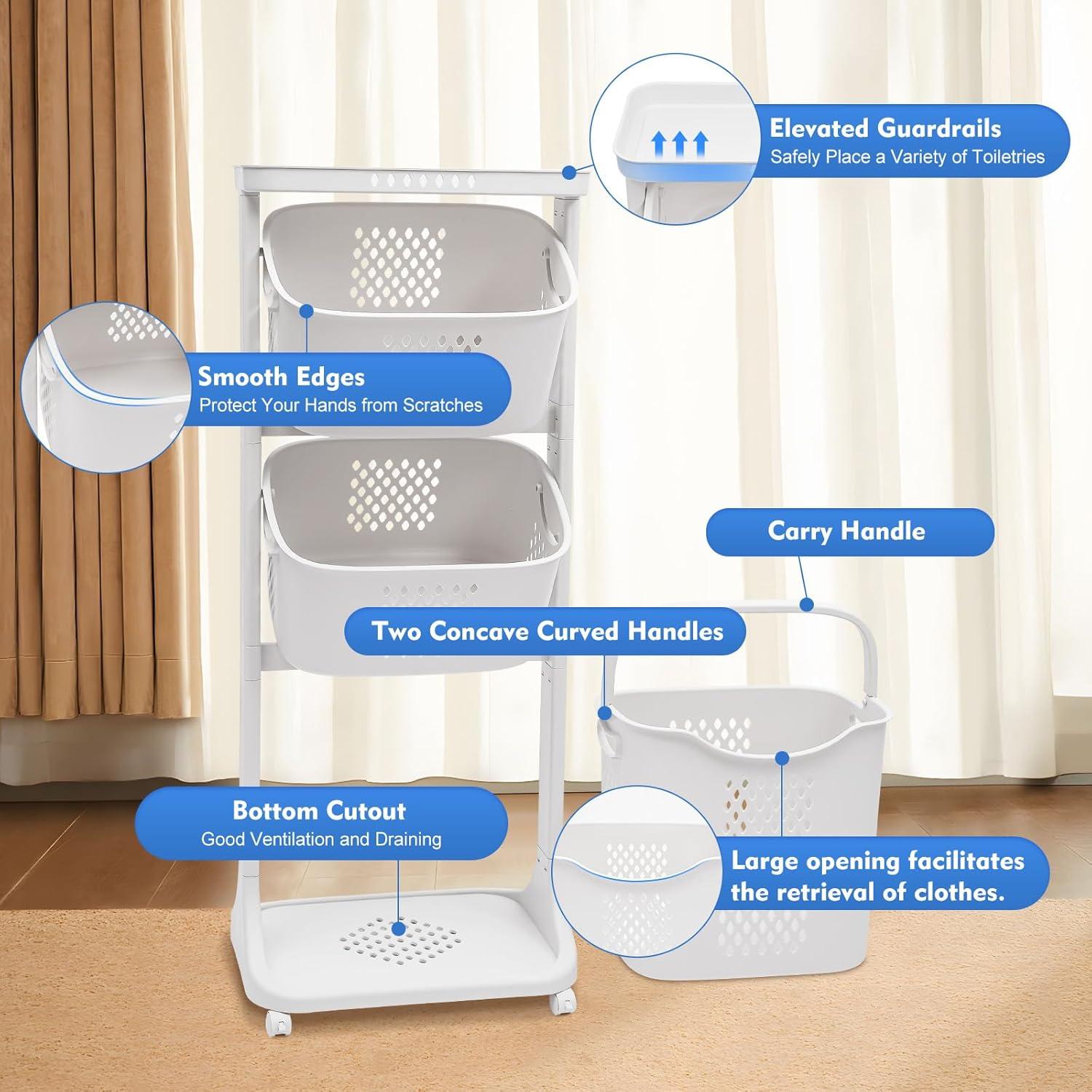 E-commerce Giant Tall 3-Bin Rolling Laundry Hamper Cart, White