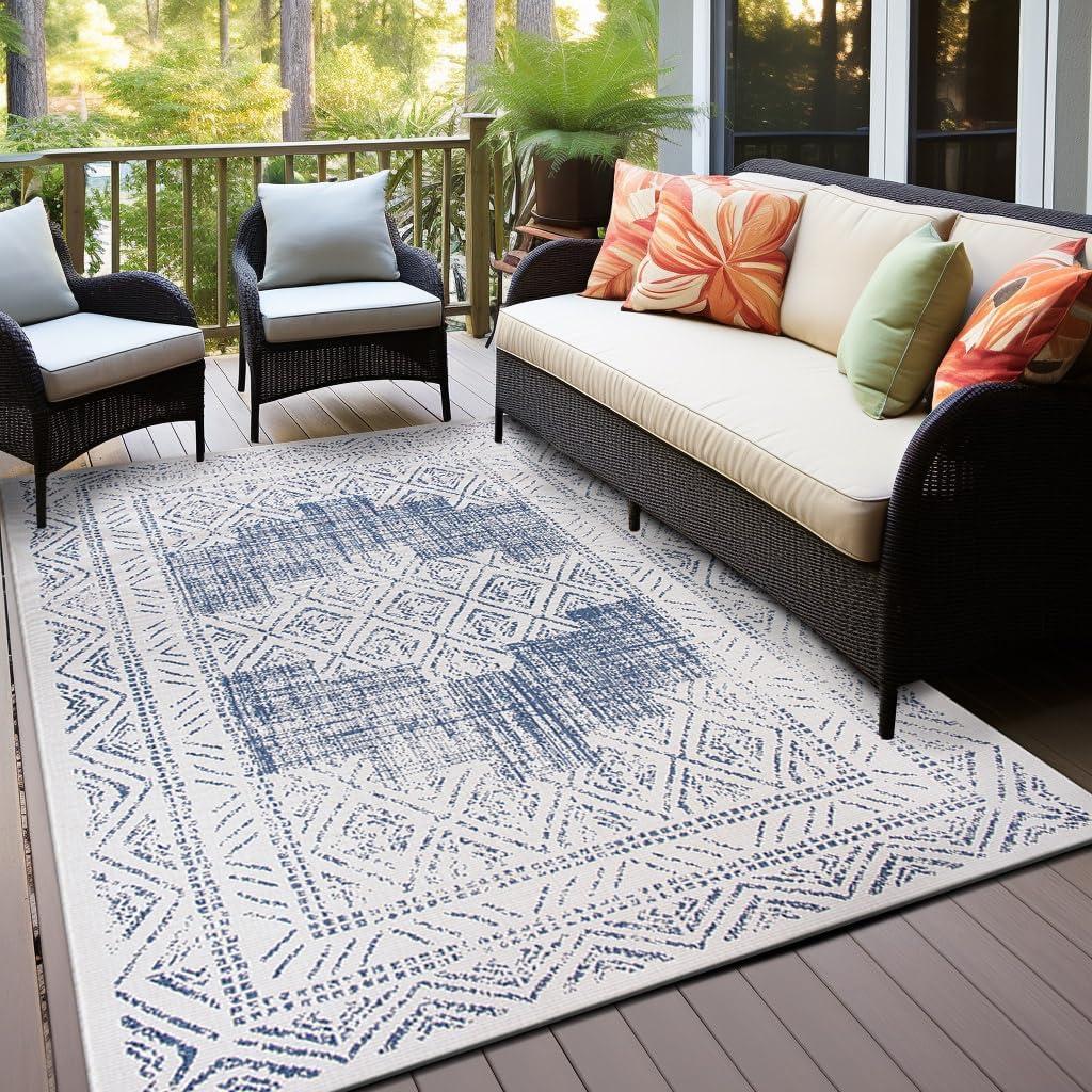 Livabliss Eagean Global Indoor/Outdoor Area Rug,7'10" x 10'2",Denim/Cream