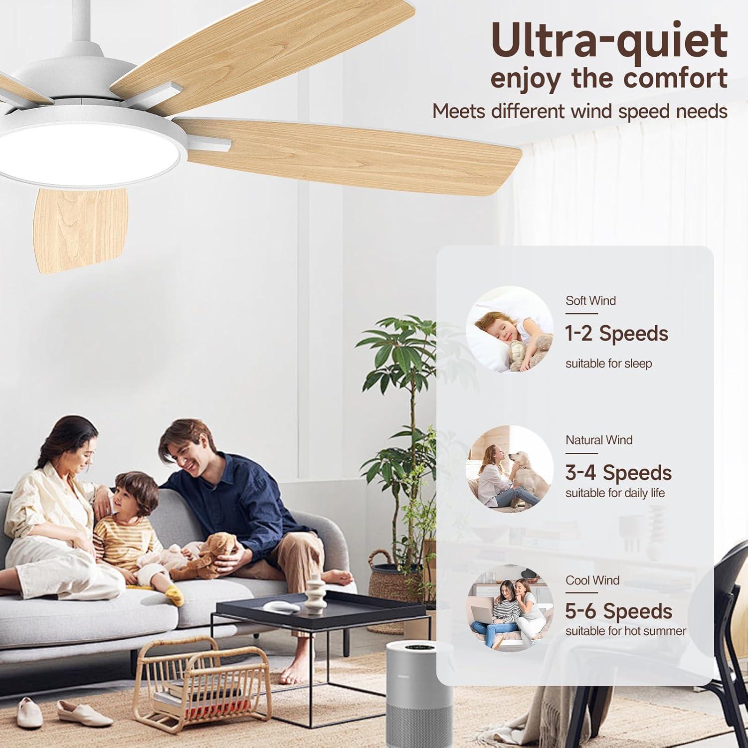 T5 52 in. Smart Indoor White Ceiling Fan with Dimmable LED Light Compatible with Google Home Alexa App Control