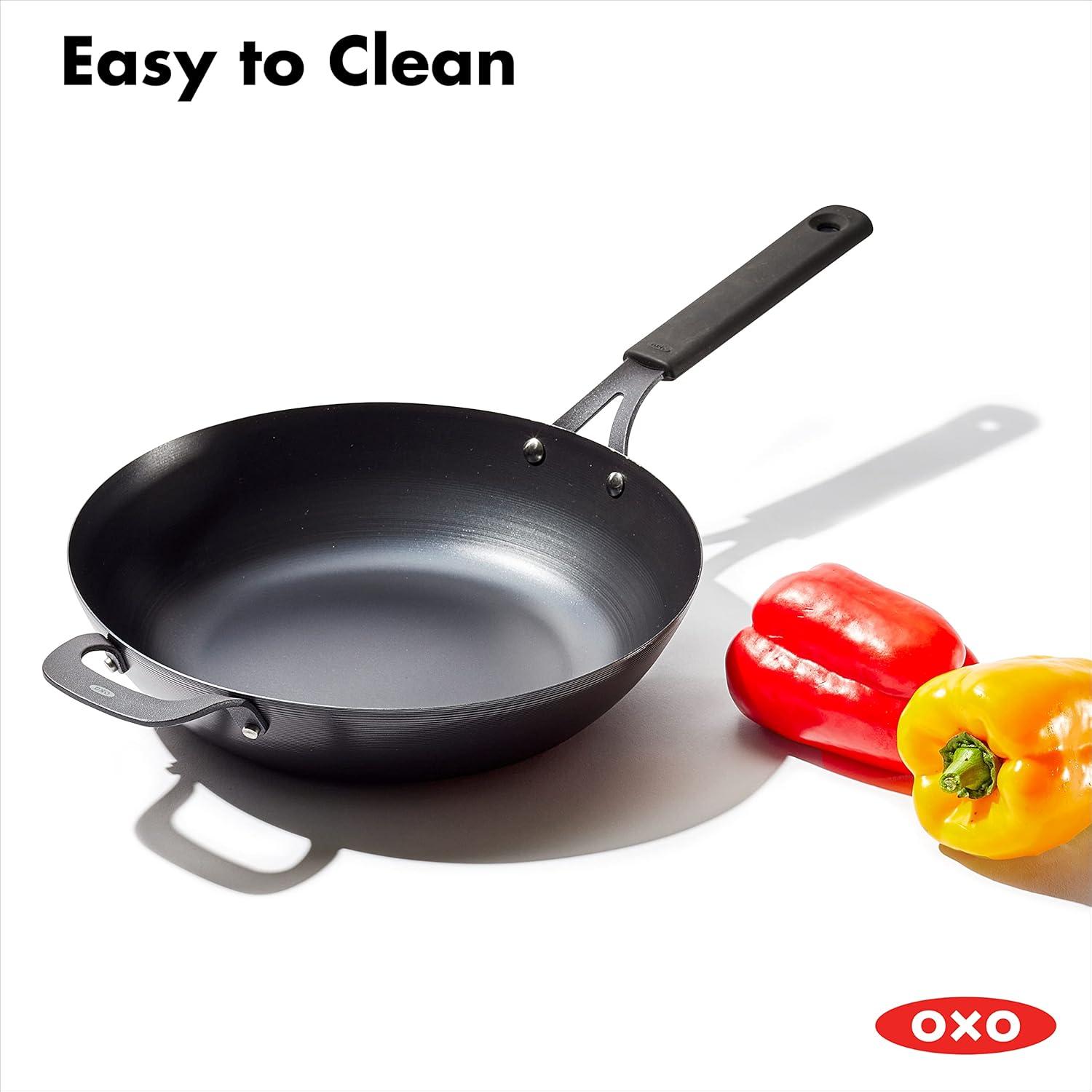 OXO 12" Steel Open Wok with Silicone Sleeve Black: Carbon Steel Pan, 12 Inch, Induction & Gas Compatible, Hand Wash