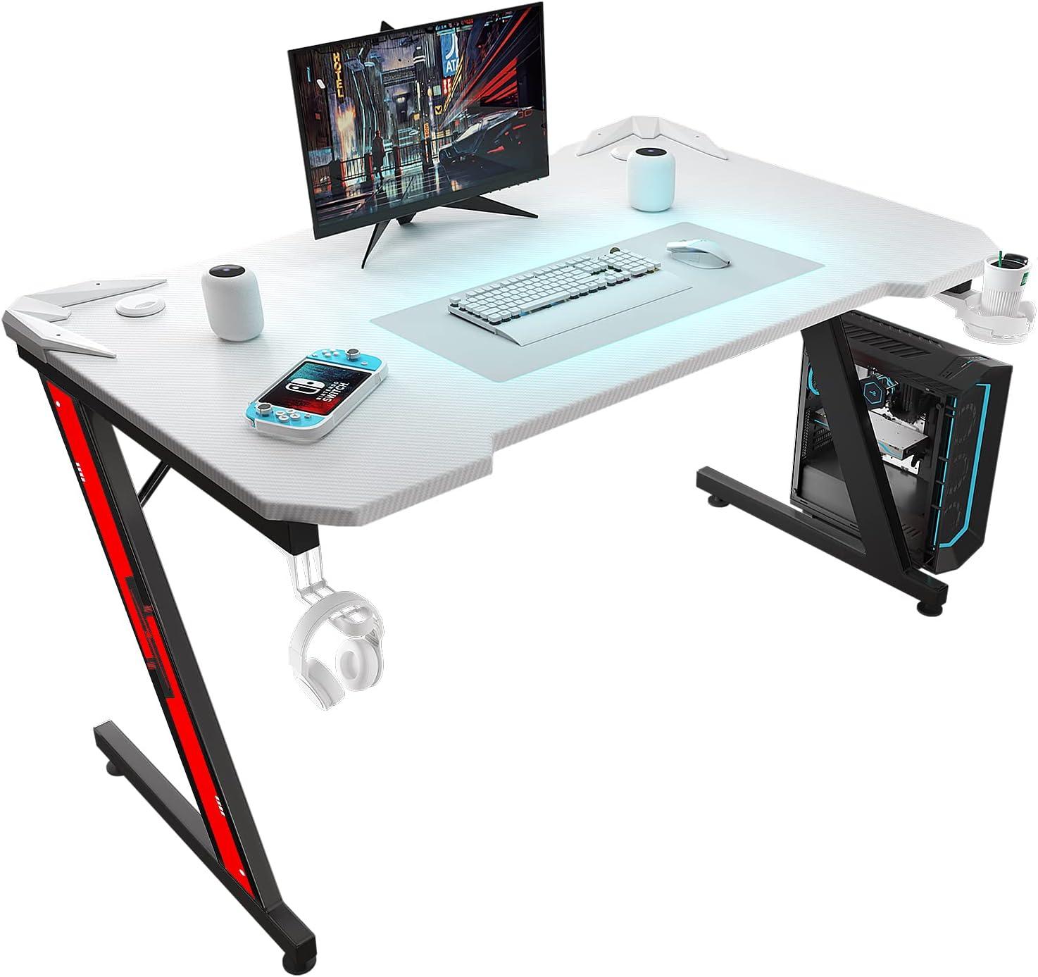 Homall Gaming Computer Desk with Carbon Fiber Surface, Gaming Table Z Shaped Pc Home Office with Cup Holder&Headphone Hook(44 in, White)