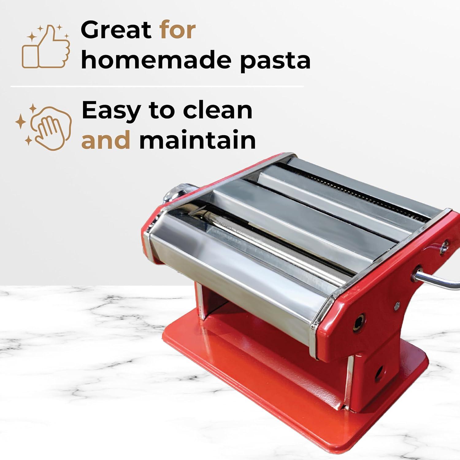JS Gourmet - Manual Pasta Machine in Stainless Steel, 2 Adjustable Cutting Rollers, Red