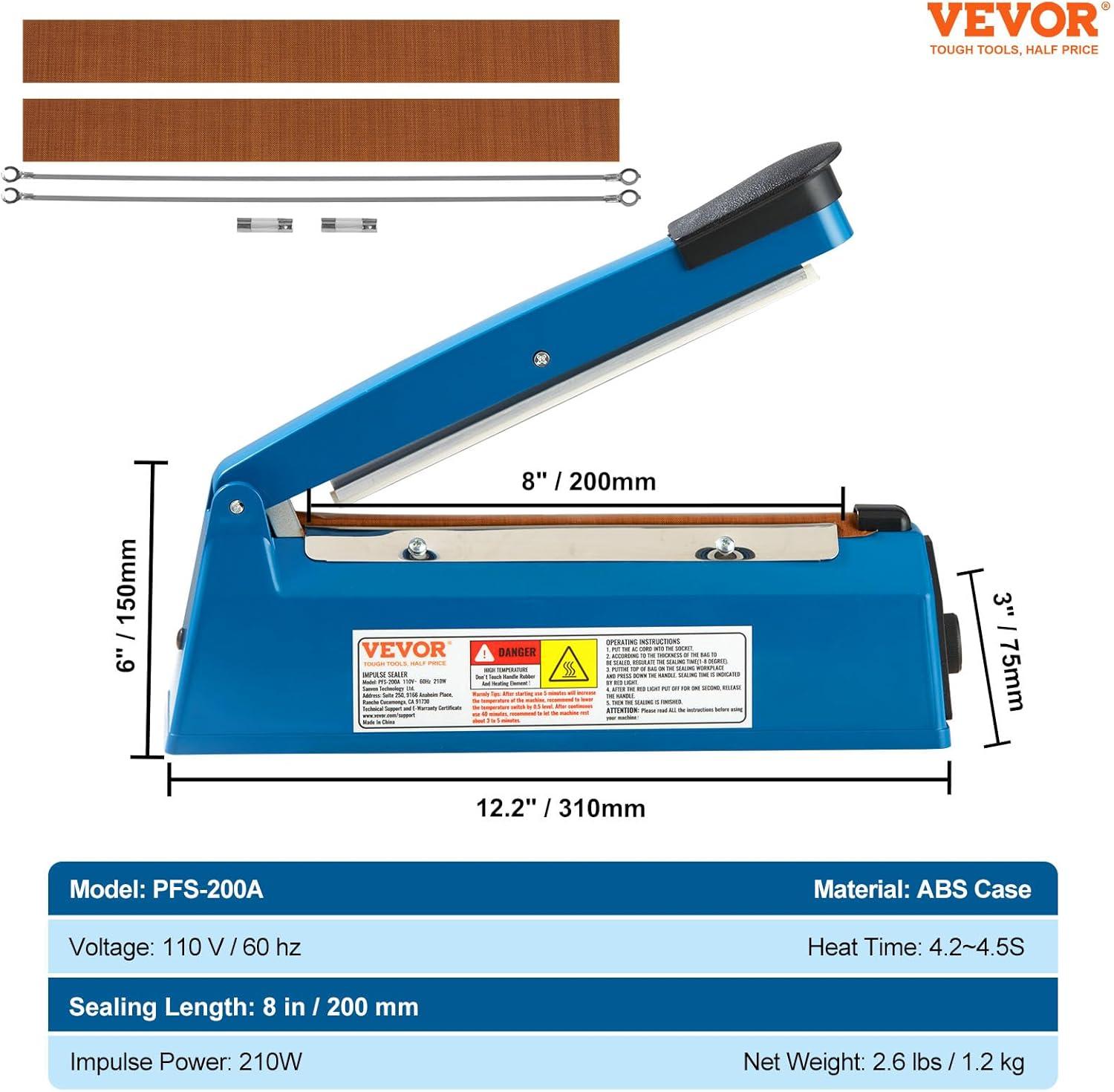VEVOR 8-Inch Impulse Sealer, Adjustable Heat Manual Sealing Machine for Plastic, Mylar, PE, PP Bags - Portable Shrink Wrap Sealer with Extra Replacement Kit