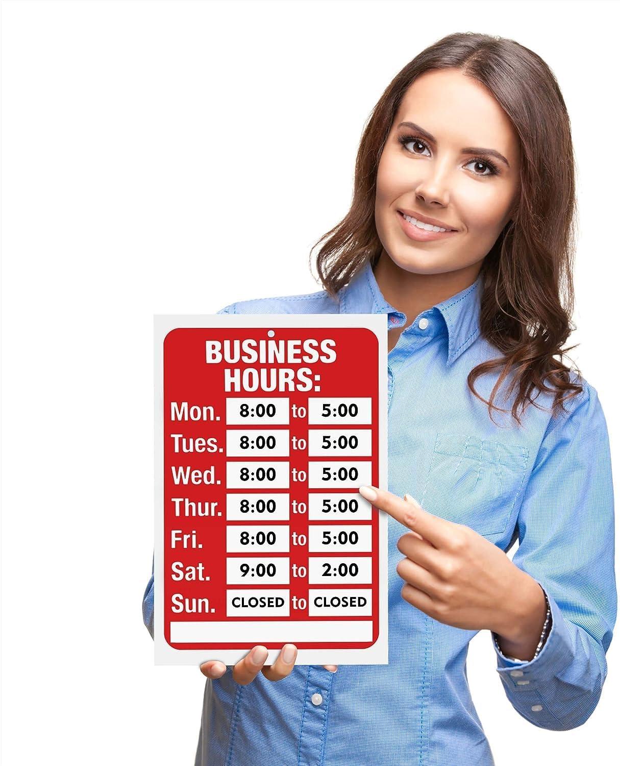 Assured Signs Store Hours Open Sign | 7.7 by 11.7" Business Hours Sign | Red & White Plastic