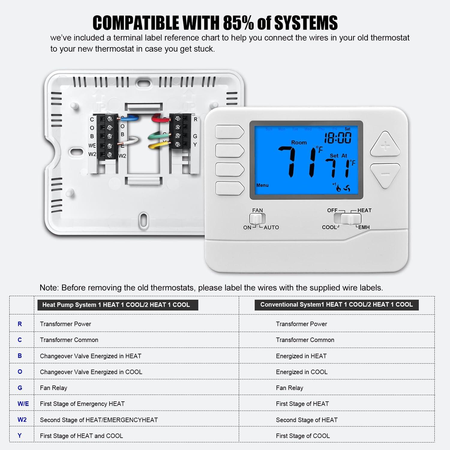 White Digital Heat Pump Thermostat with Large LCD Display