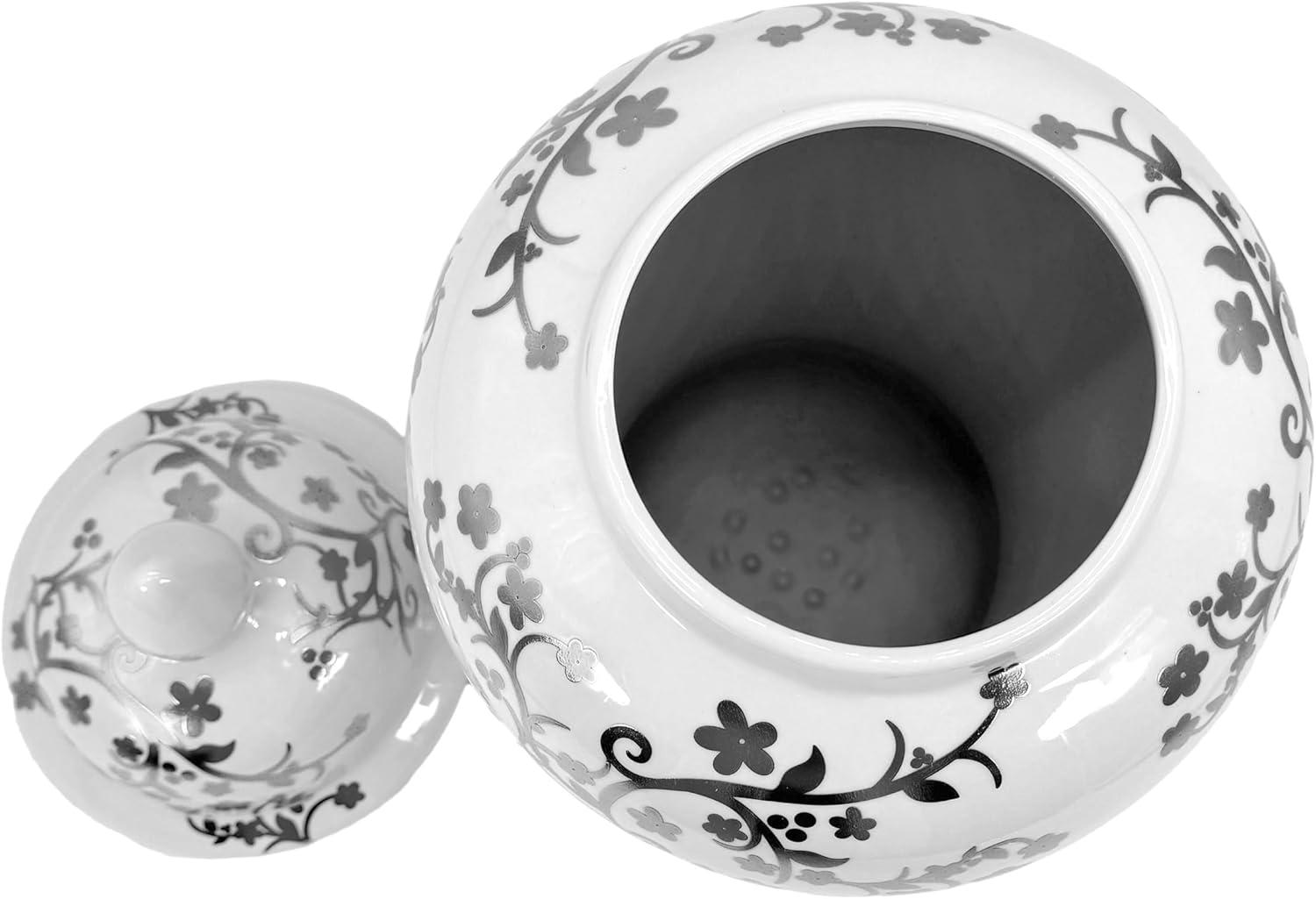 Silver and White Floral Ceramic Ginger Jar with Lid, 18"