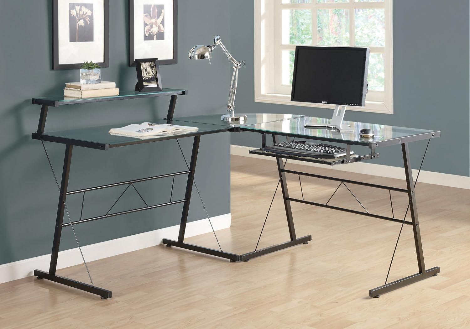 Monarch Specialties Computer Desk Home Office Corner L Shape Work Laptop Metal Tempered Glass Black Clear Contemporary Modern