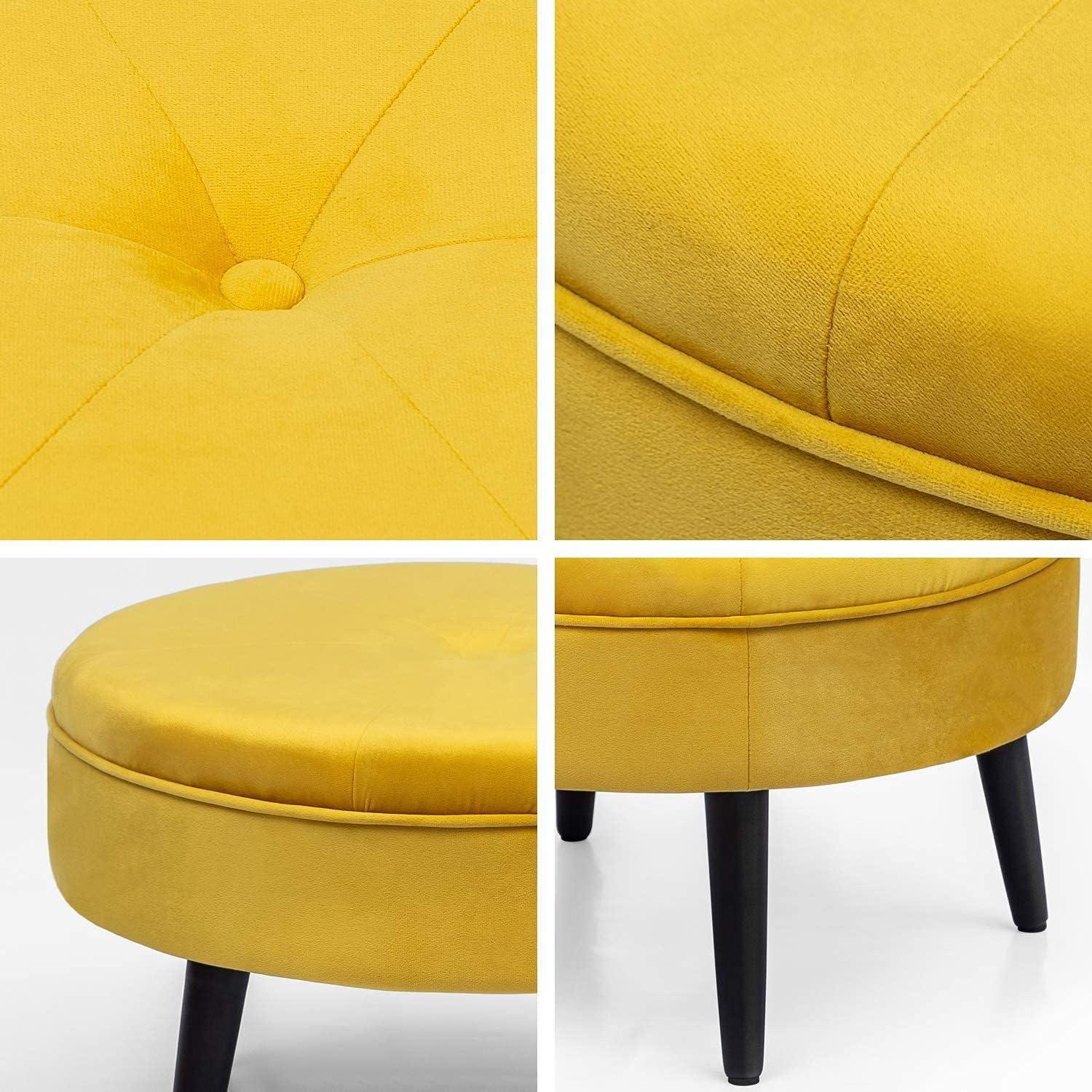 Joveco Small Round Ottoman, Velvet Upholstered Footrest Stool Seat with Wooden Legs, Vanity Stool Coffee Table for Bedroom Living Room (Yellow)