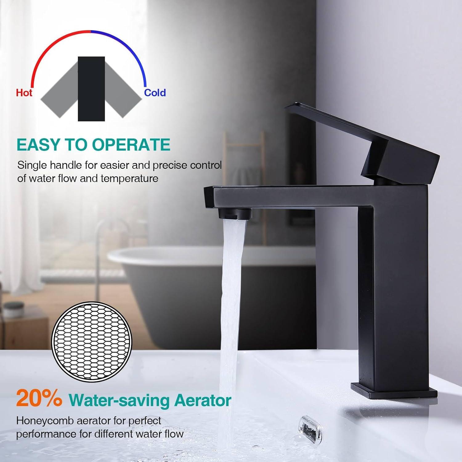 Matte Black Single Handle Bathroom Sink Faucet, Stainless Steel Bathroom Faucet with cUPC Certified Water Supply Hoses, Commercial Vanity Faucet Modern Single Hole RV Bathroom Faucets