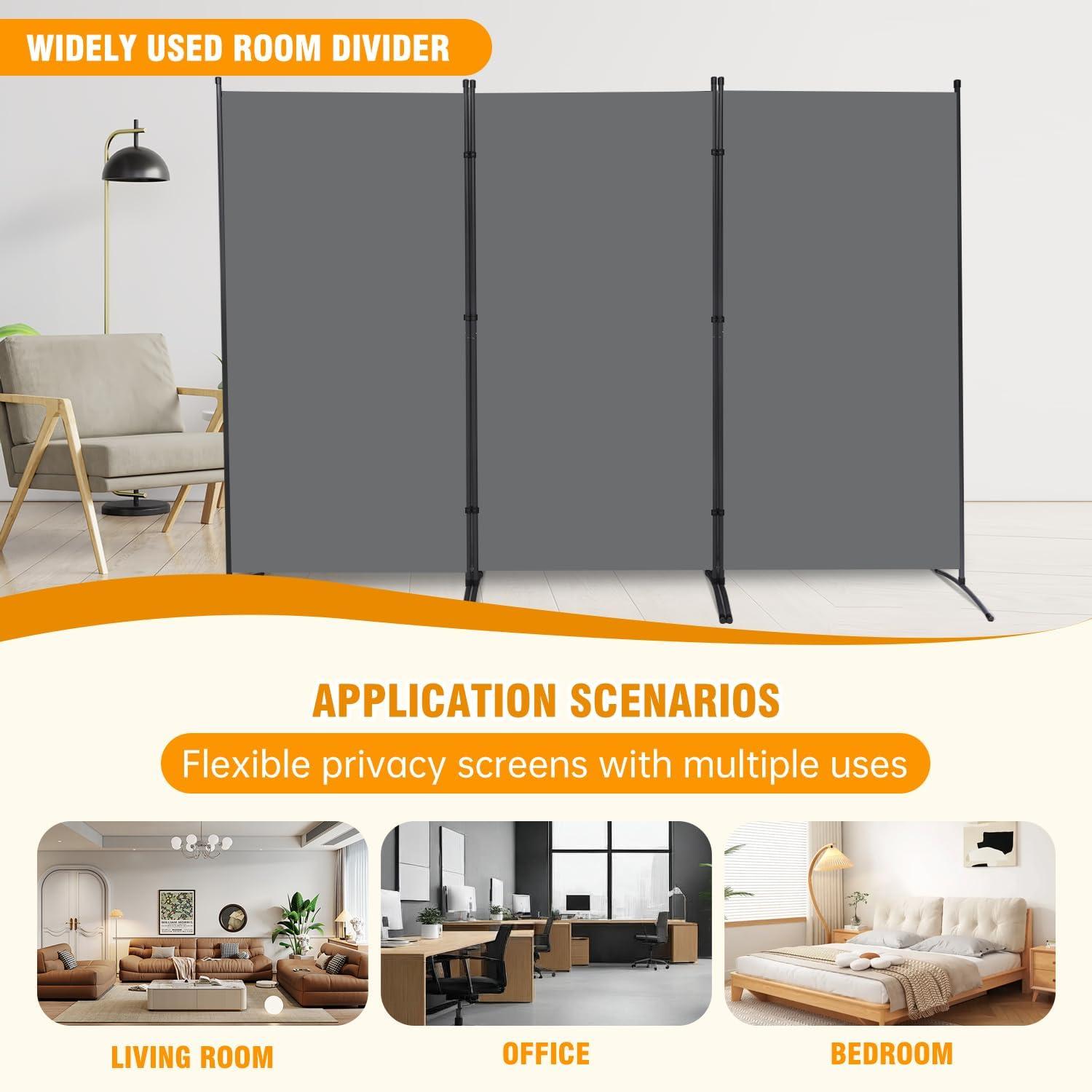 Gray 3-Panel Folding Privacy Screen with Metal Frame