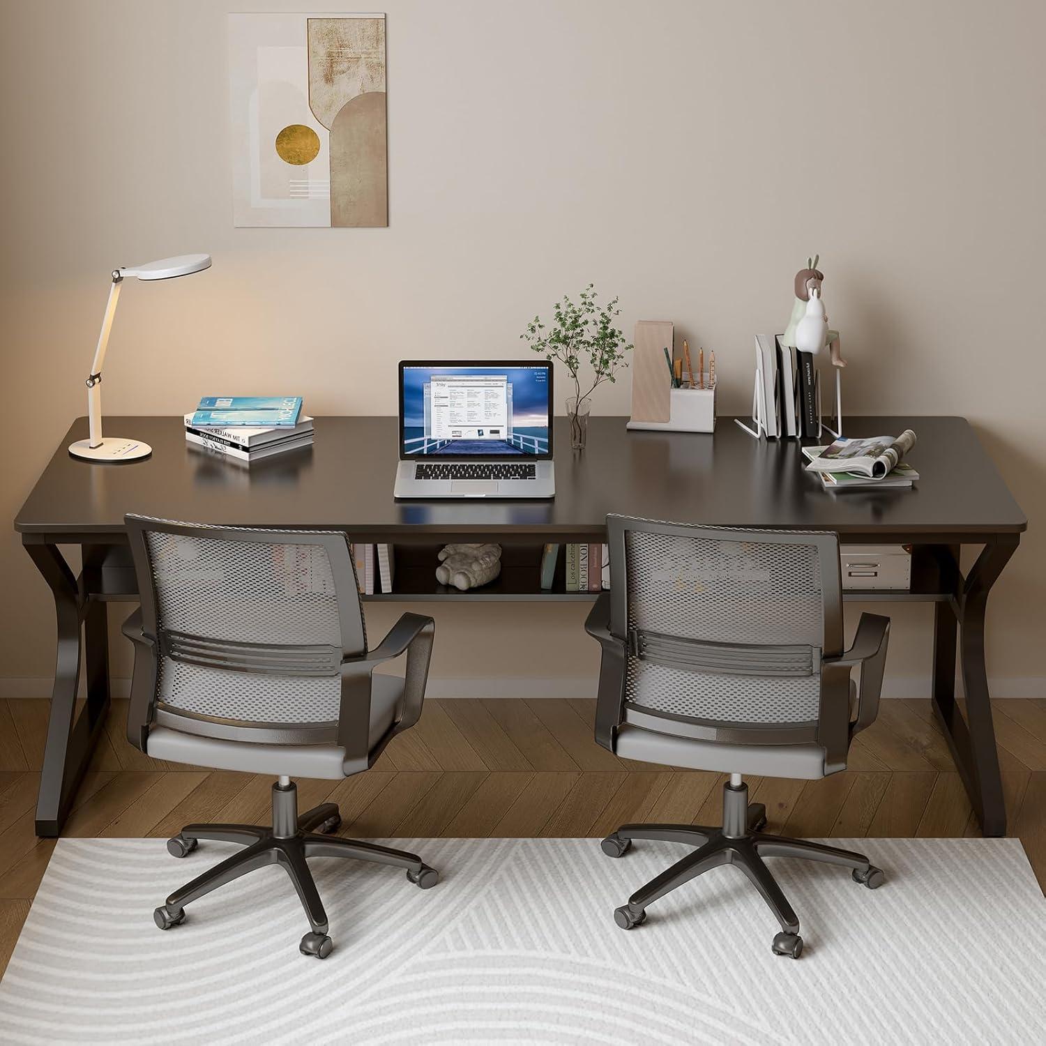 Latitude Run® Extra Long Desk with Bookshelf - 71" Double Long Writing Table for 2-Person Workstation