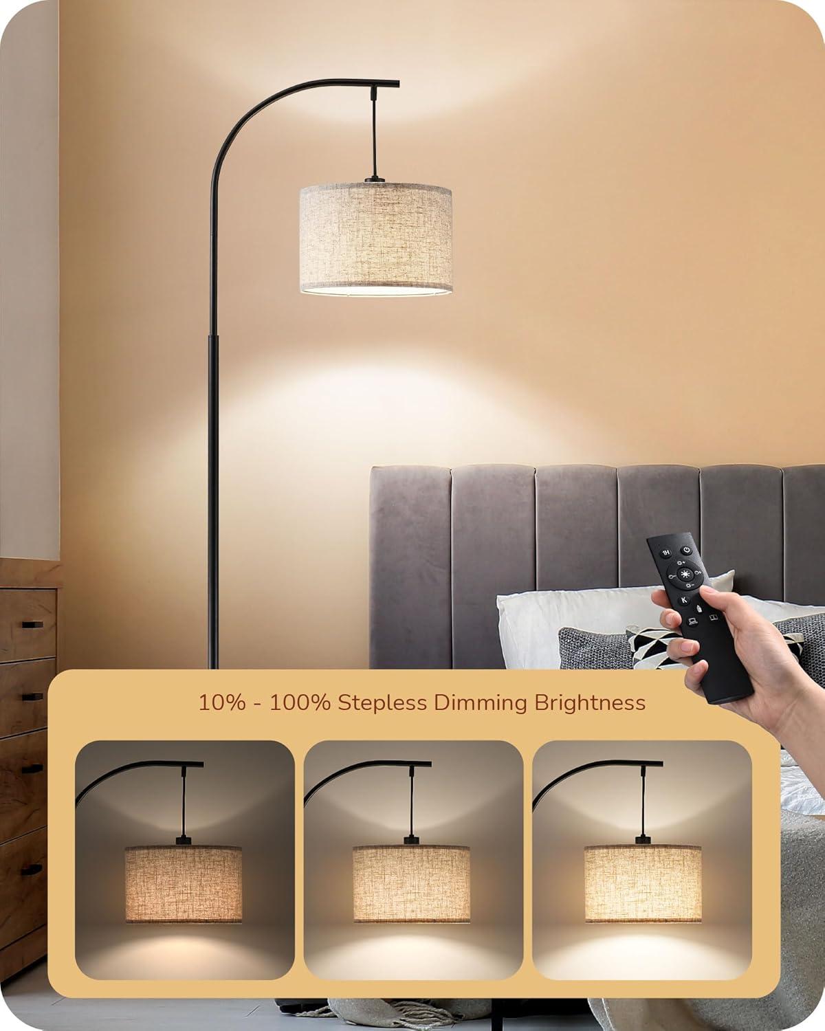 EDISHINE Modern Arc Floor Lamp with Beige Linen Drum Shade & Heavy Base, Dimmable Black Reading Light, Remote Control Bulb Included, Tall Standing Lamp for Reading, Office, Lighting