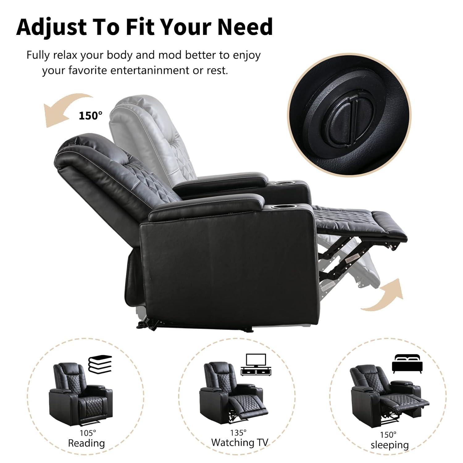 Bonzy Home Electric Power Recliner Chair Soft Air Breathable Leather Reclining for Adults with USB Ports and Cup Holders, Black Home Theater Seating with Hidden Arm Storage Movie & Media Room Chairs