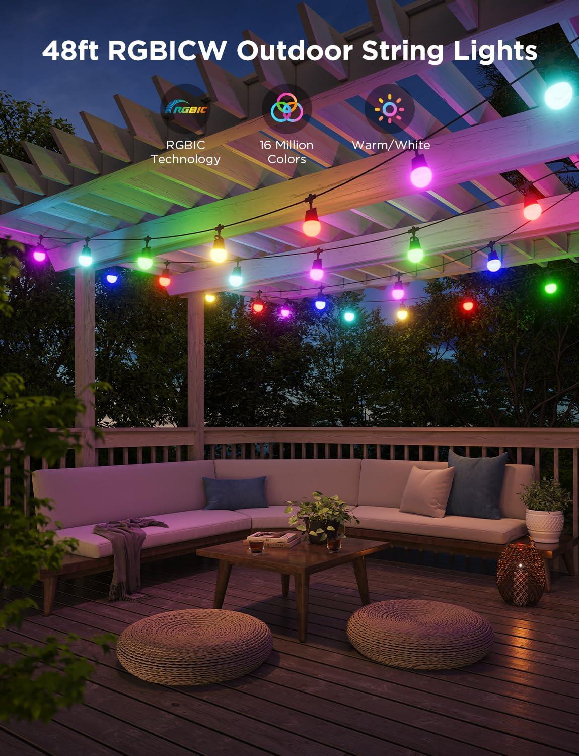 48ft Multicolor LED Outdoor String Lights with App Control
