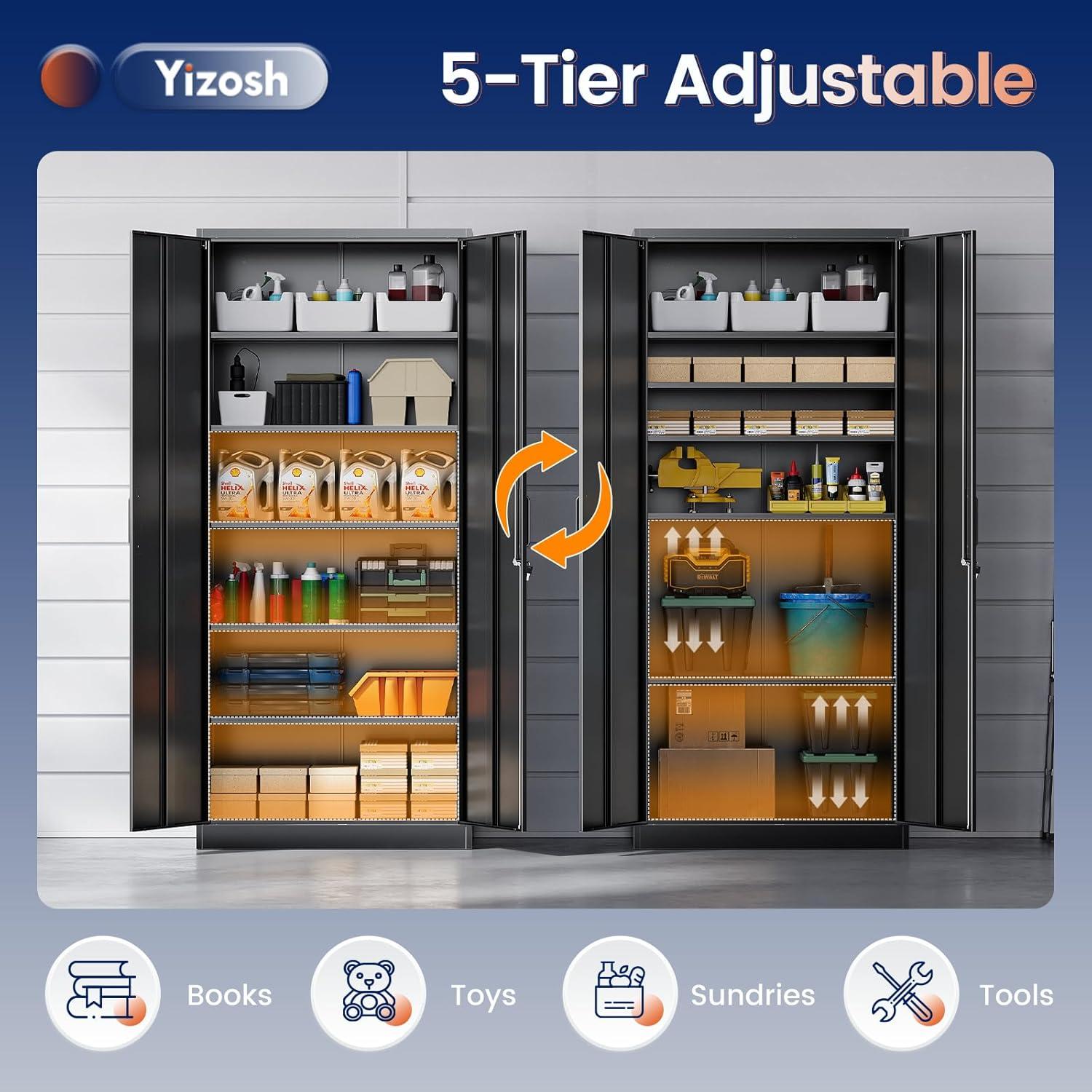 Metal Storage Cabinets with Lock, 71" Garage Storage Cabinet with 2 Door and 5 Adjustable Shelves, Steel Lockable Tool Cabinets for Home, Office, Gym, Garage