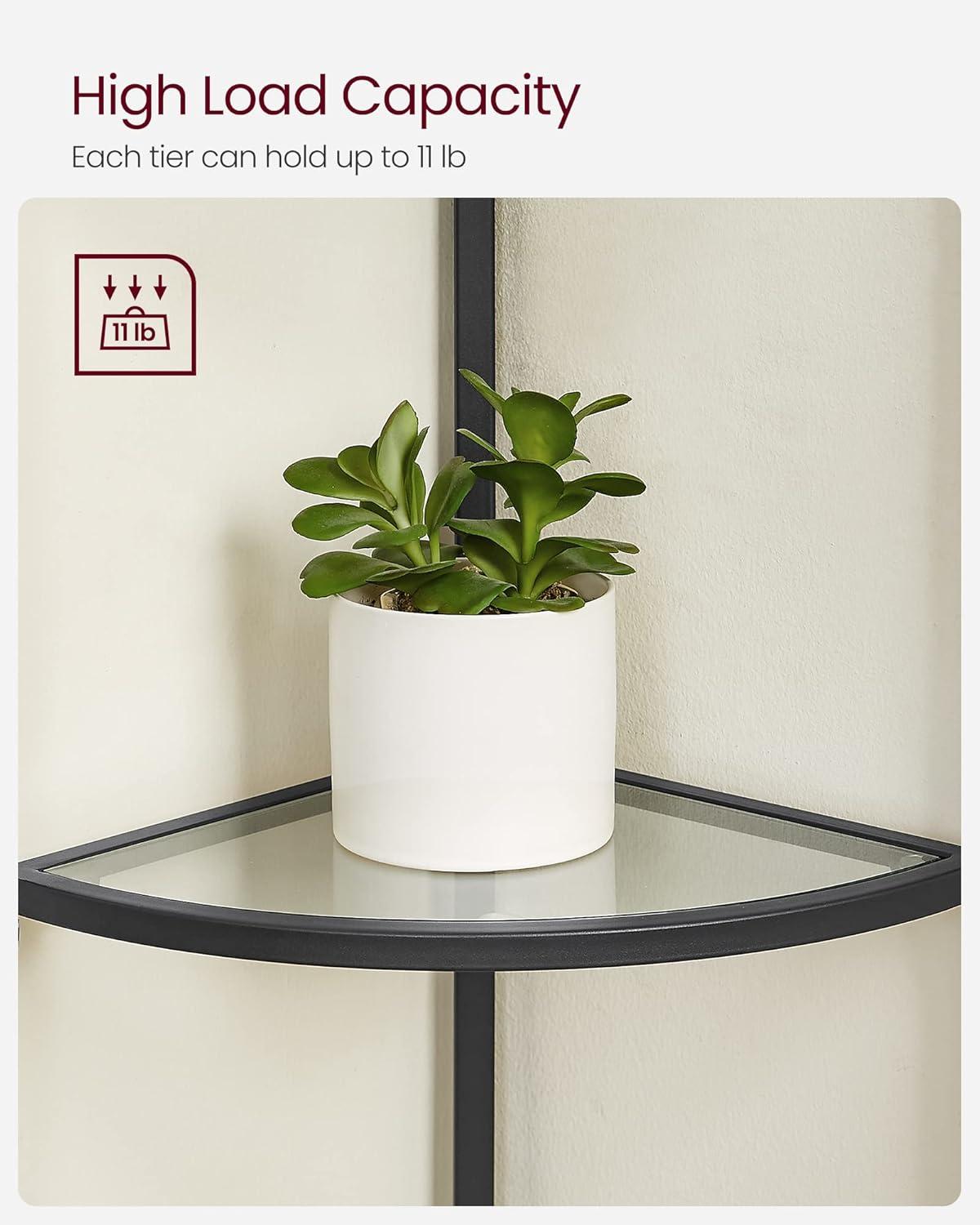 HOOBRO 5-Tier Corner Shelf Stand, Black Corner Bookshelf, Tempered Glass Shelves, Bathroom Organizer, Corner Plant Stand, for Living Room, Study, Balcony, Home Office, Modern Style, Black BK15CJ01