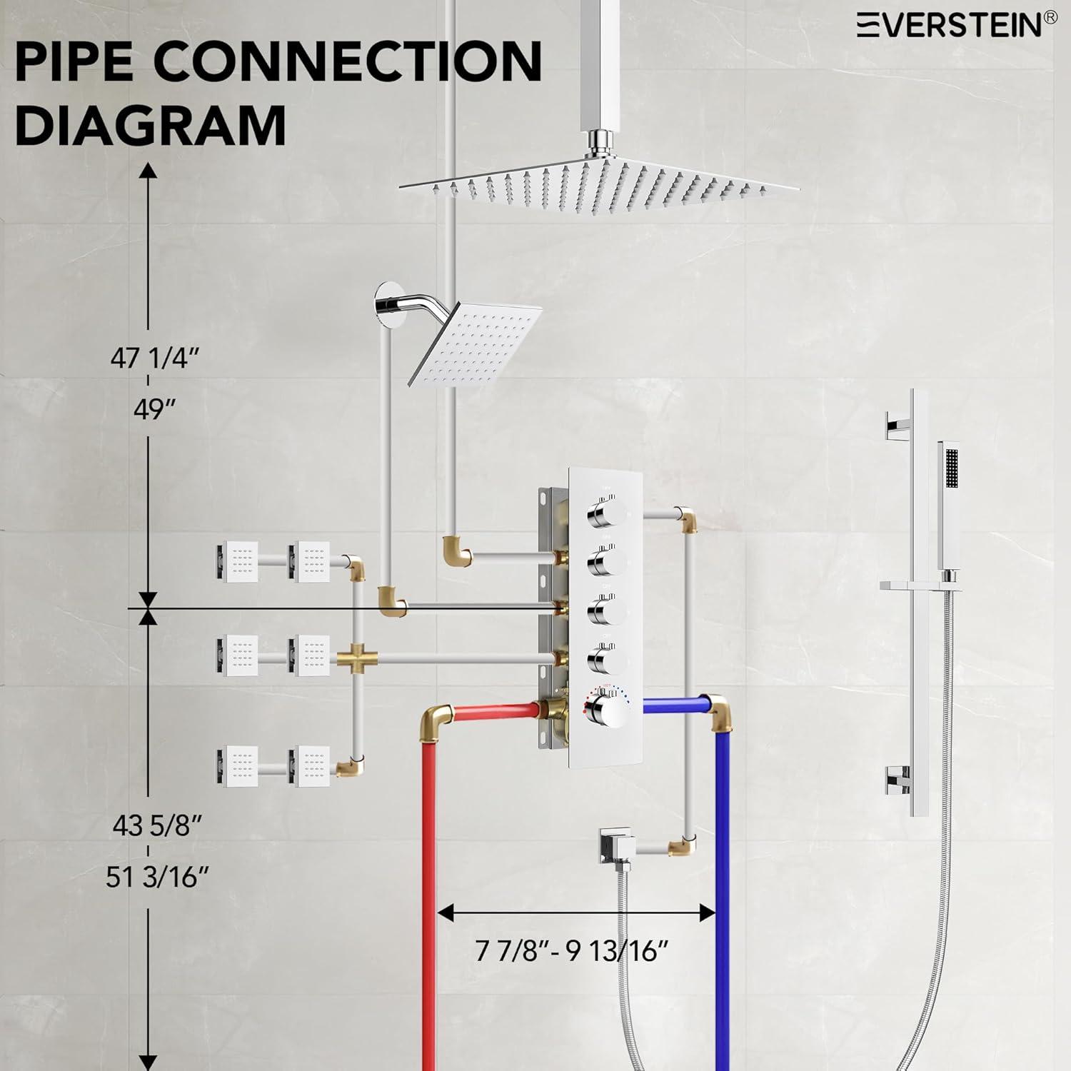 DualJetSpa 16-Inch Rainfall Shower System with Handheld Spray, Dual Showerheads, 6 Body Jets, and Thermostatic Valve