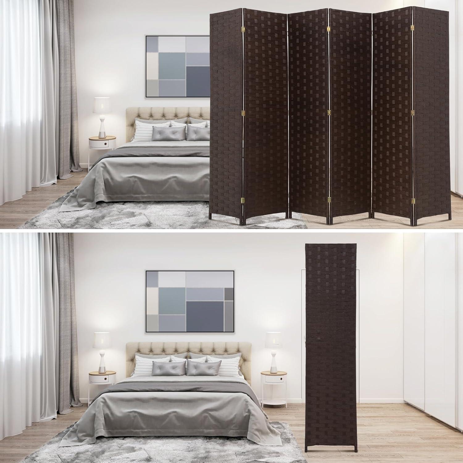 6 Panel  Room Dividers Folding Privacy Screen Partitions Room Dividers Wall Foldable Screen Portable Wood Mesh Woven Design Room Separator Screen for Home Office Bedroom Living Room, Brown