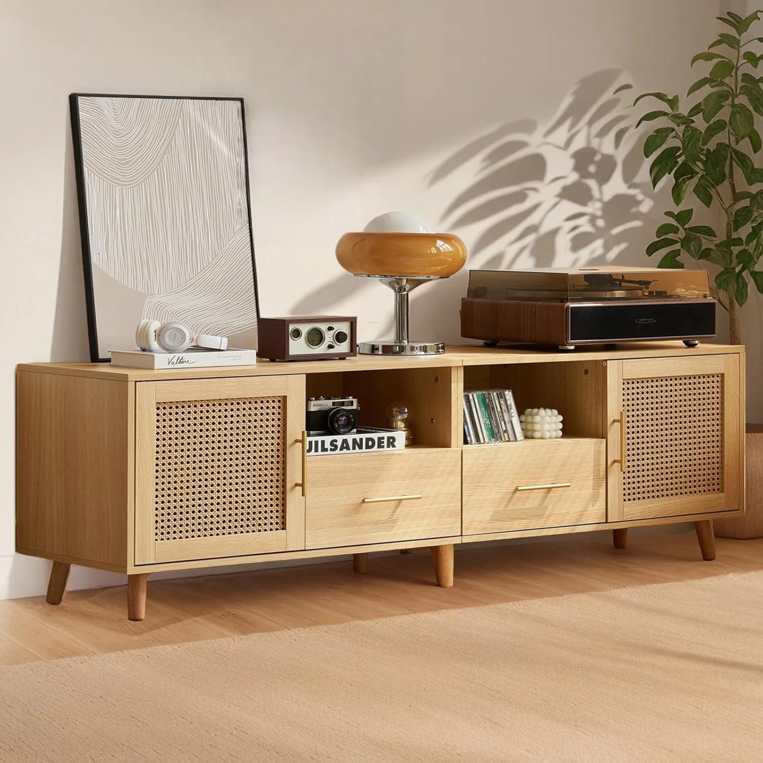 Bay Isle Home™ Heyer Large Wood Rattan TV Stand for TVs up to 75" with LED Light and Charging Station, Coastal Media Console Table, Multimedia Storage Furniture with 2 Drawers, Lighting TV Cabinet