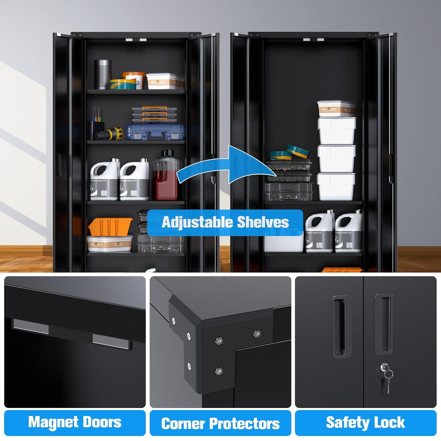 AOBABO 72 Inch Locking Metal Garage Storage Cabinet with Universal Rubber Wheels with Lockable Casters, Pegboards, and Magnetic Doors, Black