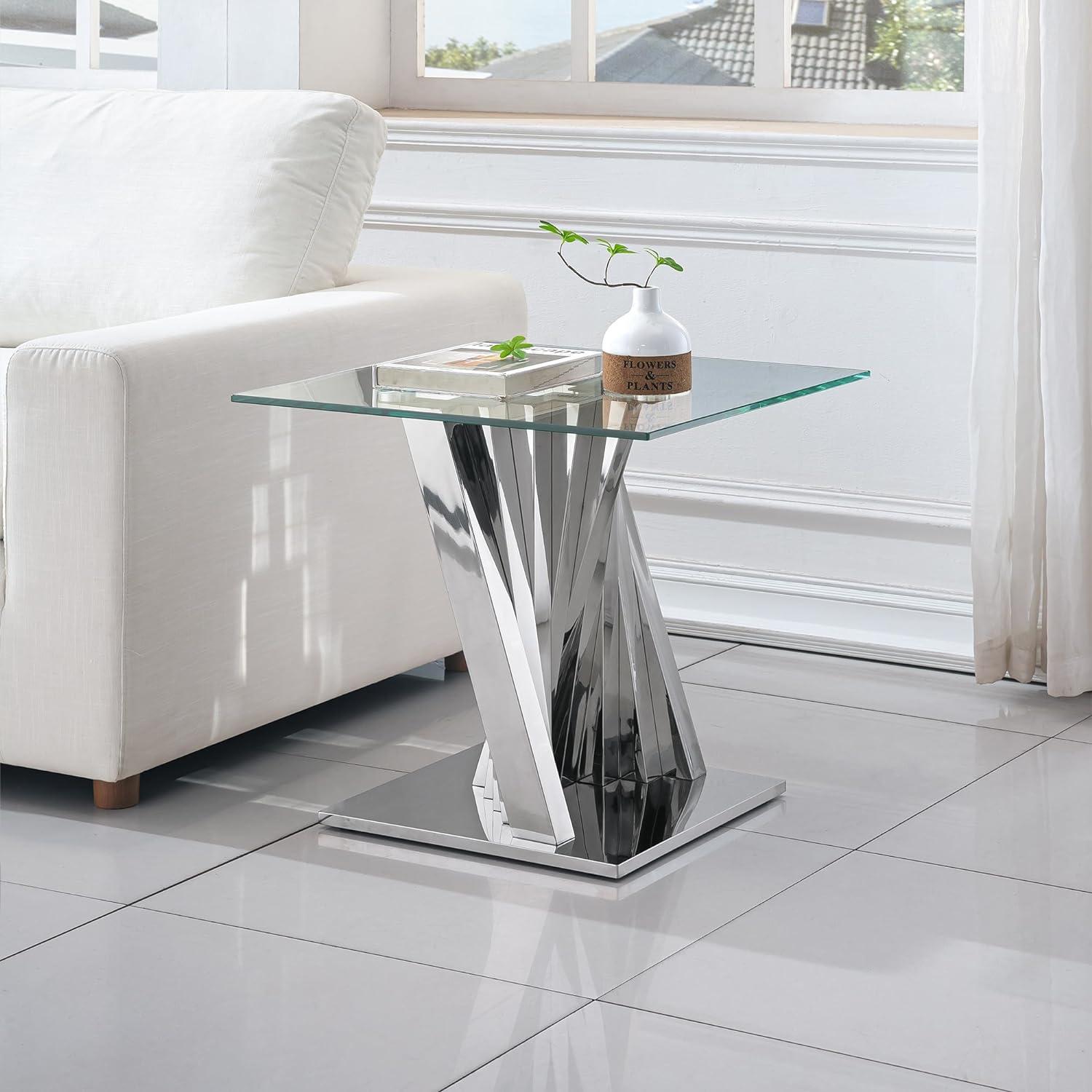 Ssline Silver Mirror Finish Stainless Steel Base End Table with Tempered Glass Top,Size 22.84*22.84*21.65