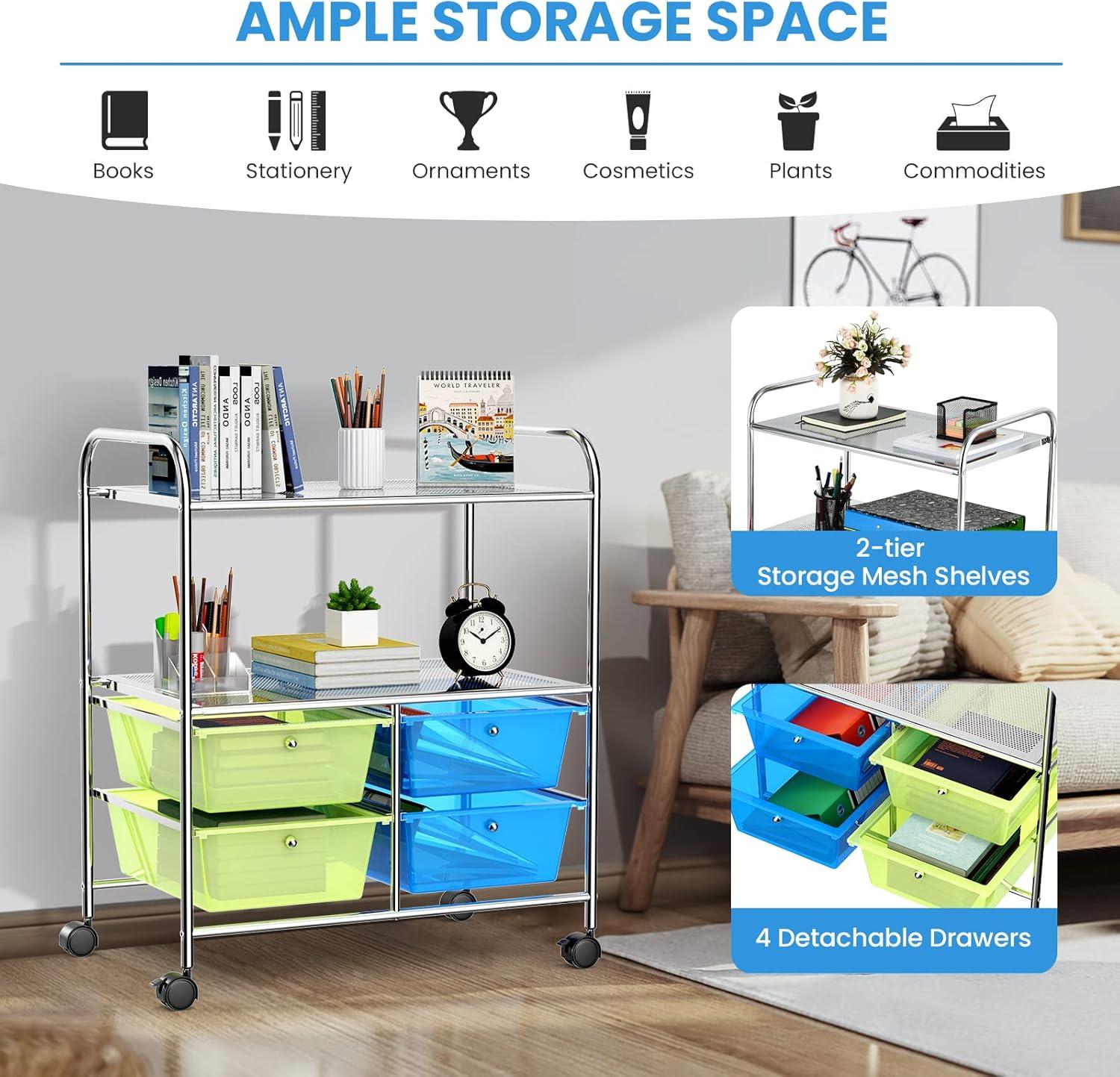 Costway 4 Drawers Rolling Storage Cart Metal Rack Shelf Home Office Furniture 2 Shelves