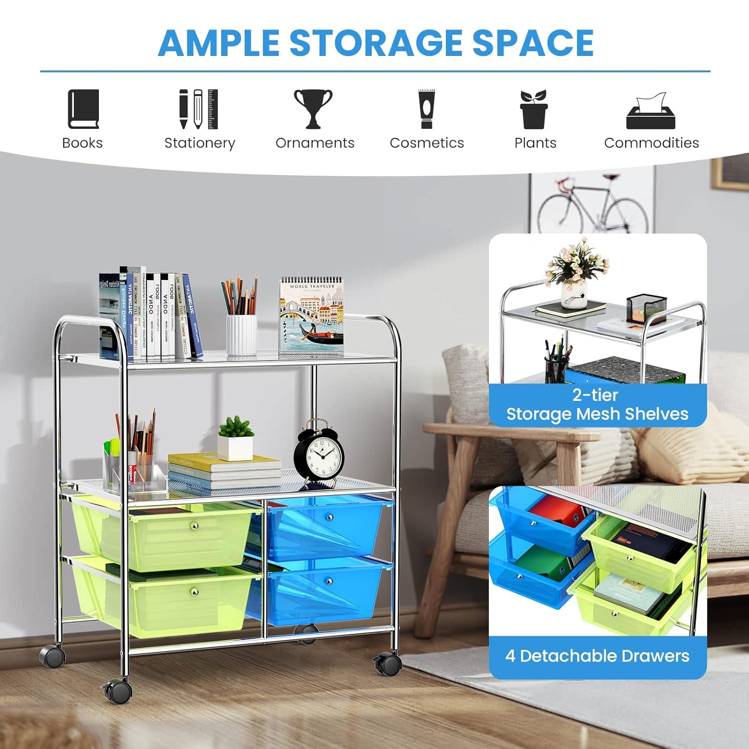 Costway 4 Drawers Rolling Storage Cart Metal Rack Shelf Home Office Furniture 2 Shelves