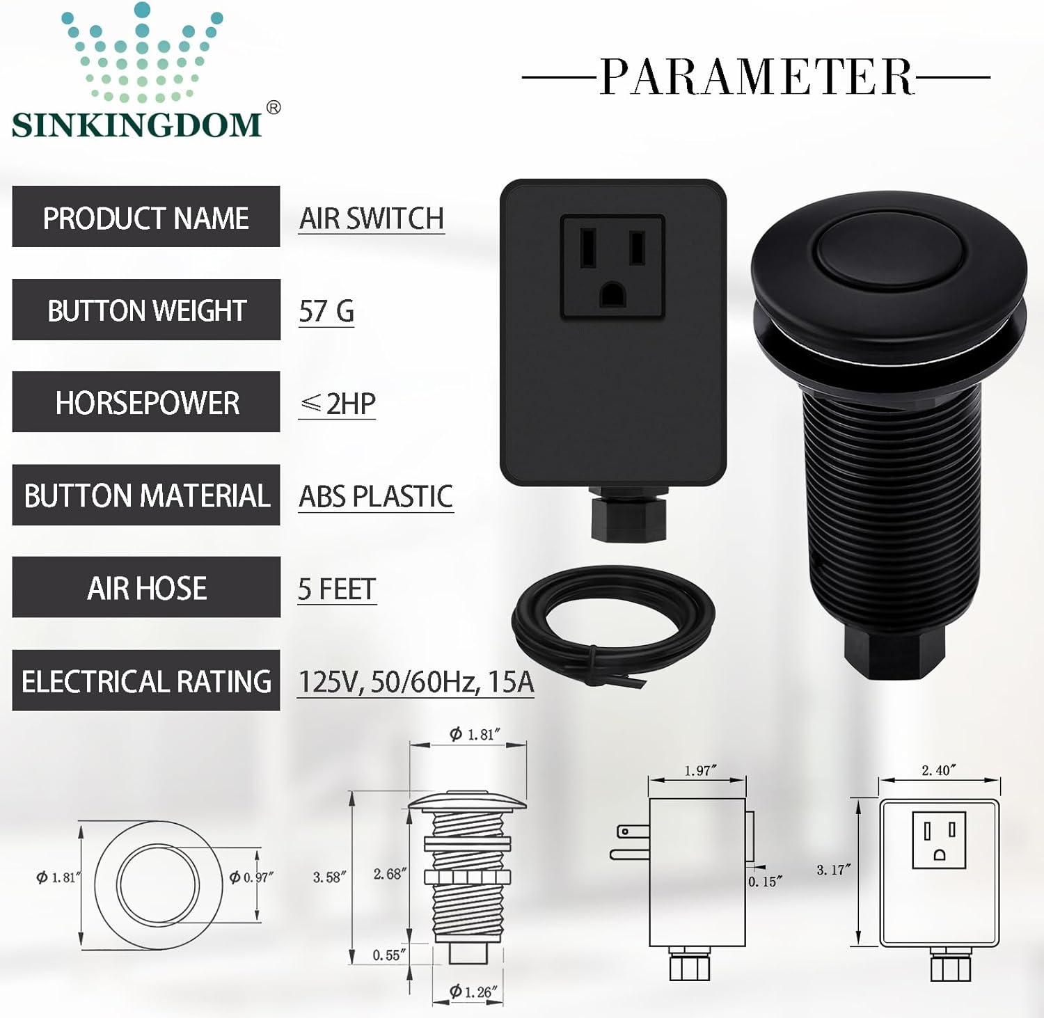 Kraus KRAUS Garbage Disposal Air Switch Kit with Push Button, AC Adapter, Power Cord, and Air Tube Included