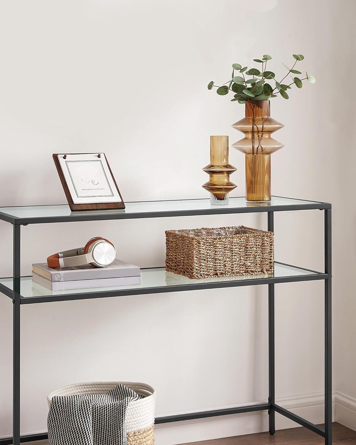 Black Metal and Glass Console Table with Storage Shelves