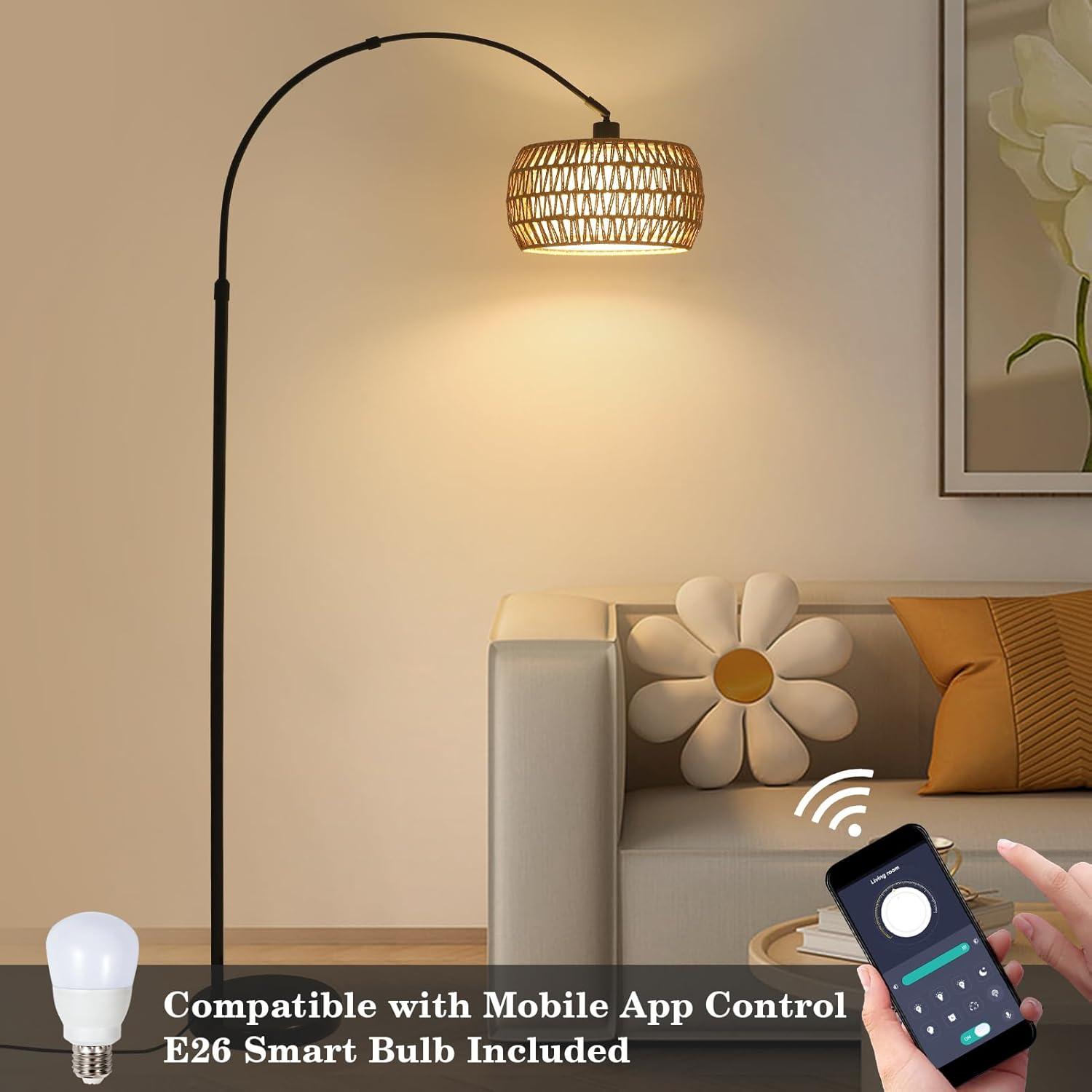 ROTTOGOON Boho Floor Lamp with Dimmable Bulb, Rattan &Linen Double Shades, Boho Standing Tall Lamps with Foot Switch, Bohemian Floor Lamps for Living Room, Bedroom, Office