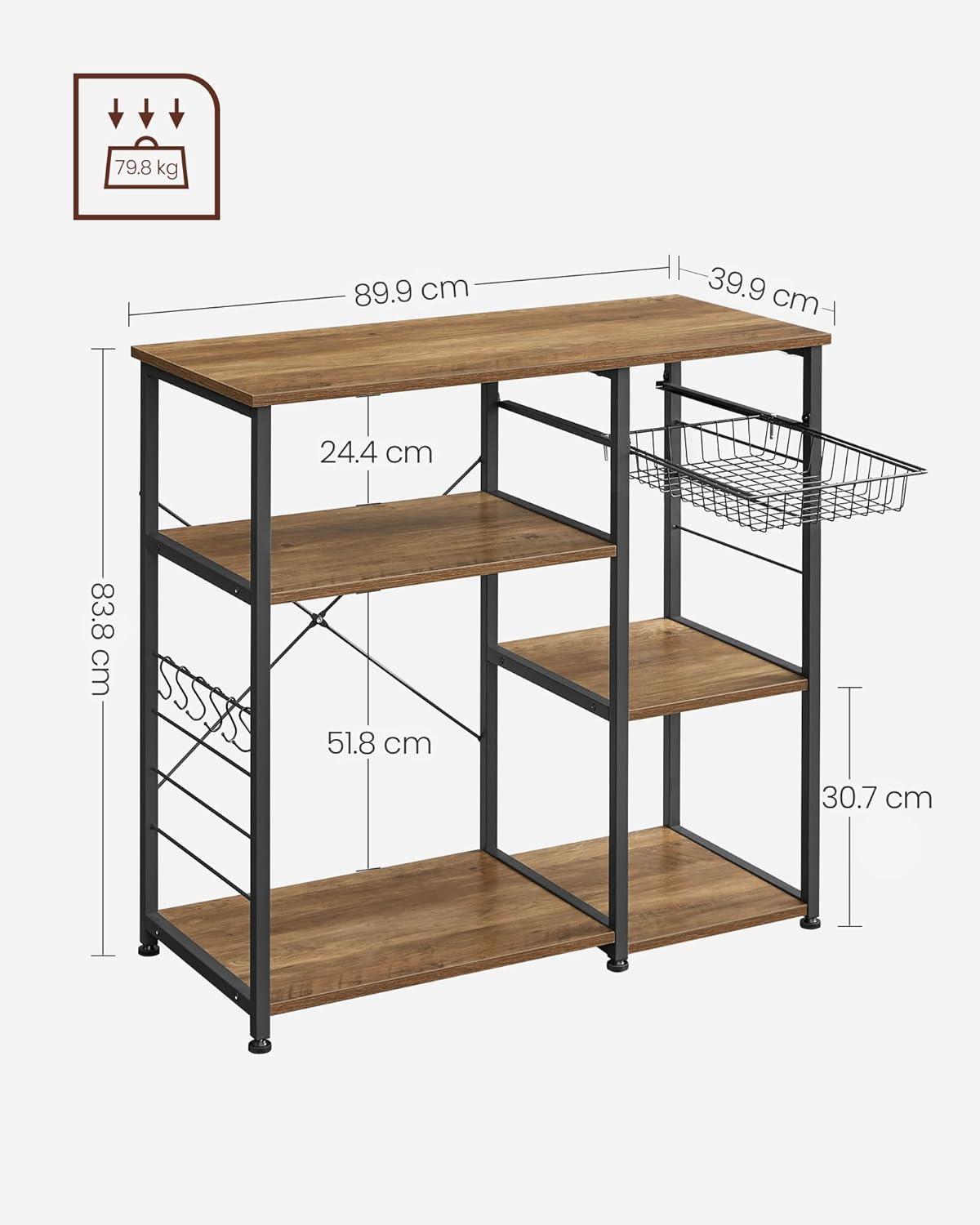 ALINRU Kitchen Baker’s Rack Coffee Bar Microwave Oven Stand 6 Hooks for Mini Oven Rustic Walnut and Black