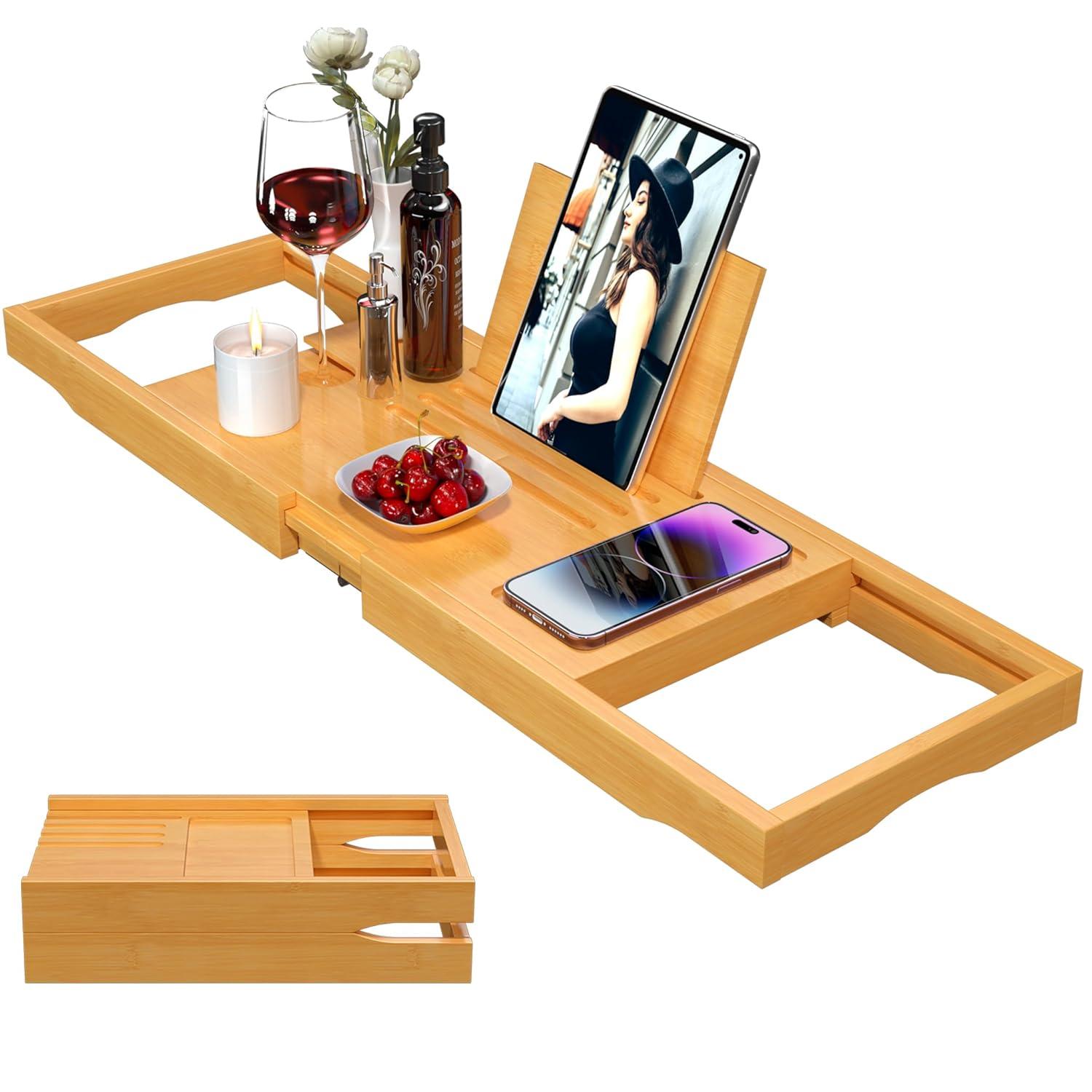 Premium Bathtub Caddy Tray,Expandable Bamboo Bath Tray for Tub,Foldable Minimalist Bathroom Accessories with Book Stand for Home Spa Relaxing,Unique House Warming Gifts,Natural