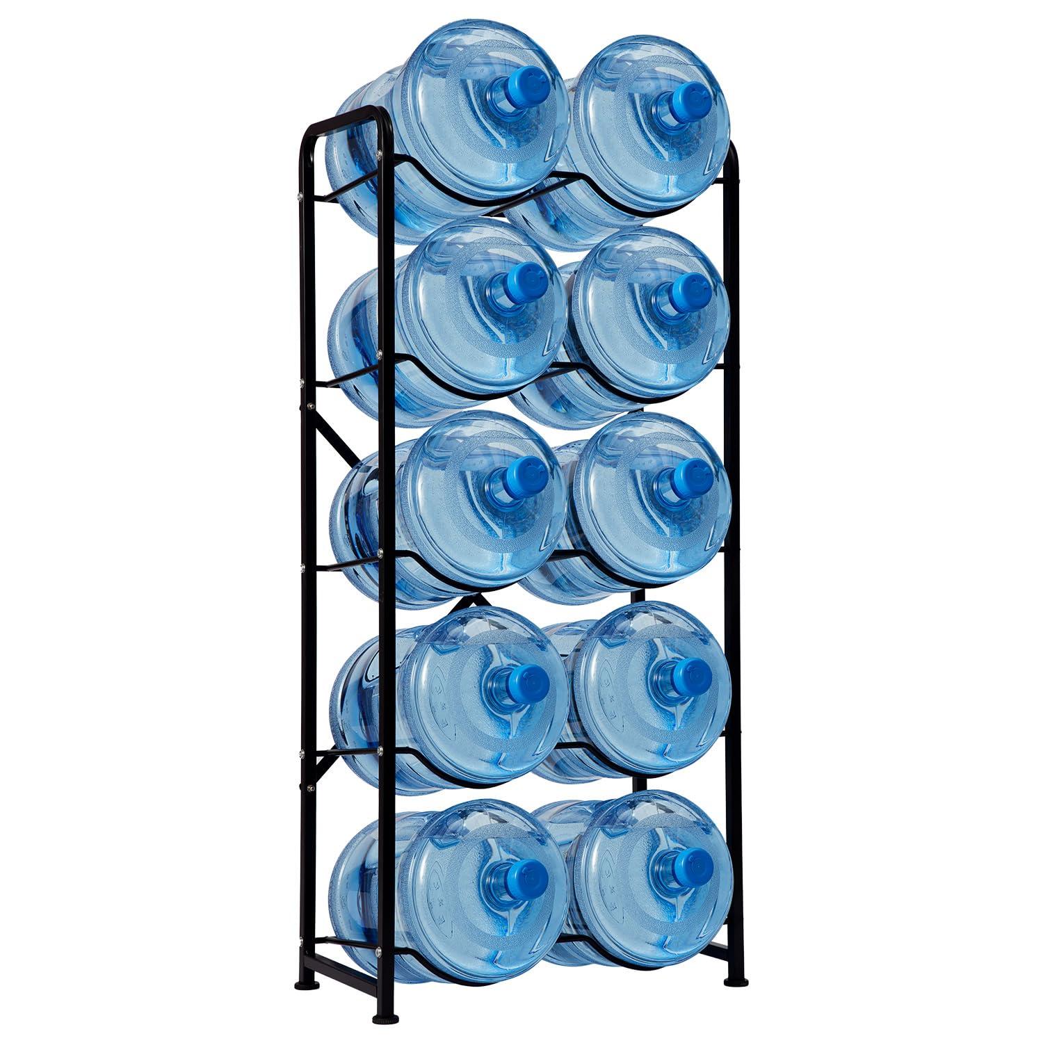 5 Gallon Water Jug Holder, 5-Tier Reinforced Carbon Steel Bottle Storage Rack for 10 Bottles - Cooler Organizer for Office, Family, Garages, Restaurant, Gym. Black