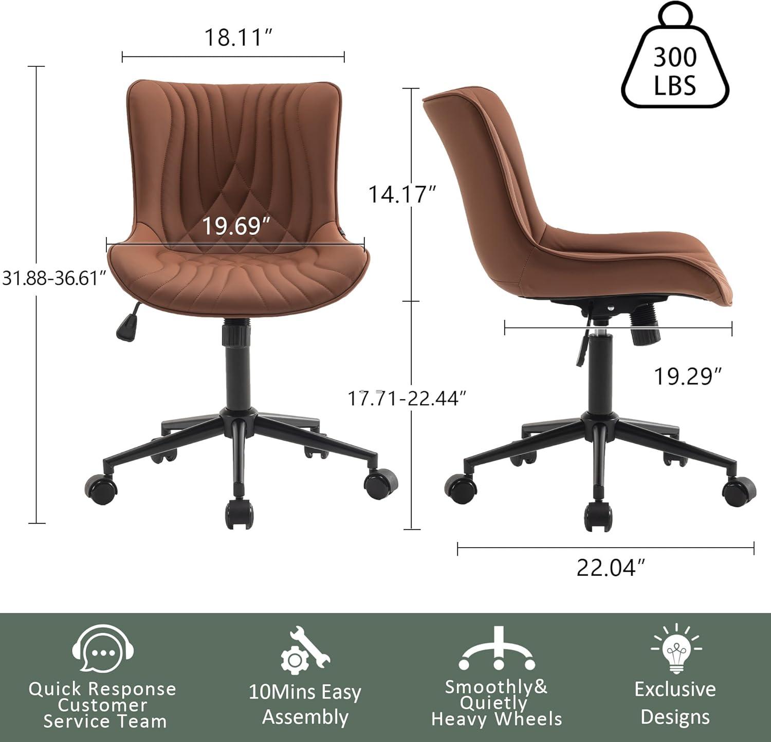 Coffee Brown Ergonomic Armless Faux Leather Swivel Task Chair