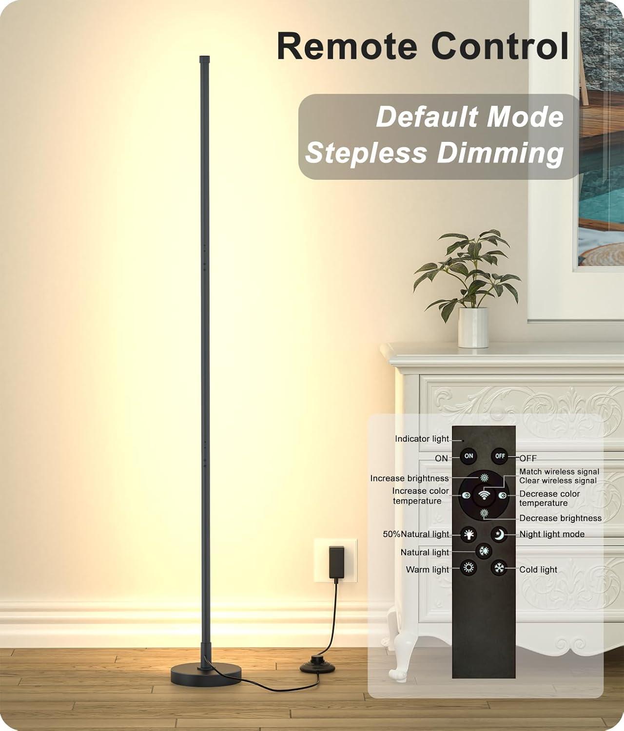 Corner Floor Lamp, Minimalist LED Floor Lamp with Remote Control, Dimmable Corner Light,Floor Lamps for Living Room, Bedroom, Home Office, 7 Color Temperature 3000K-6000K (Black, 1 Pack)